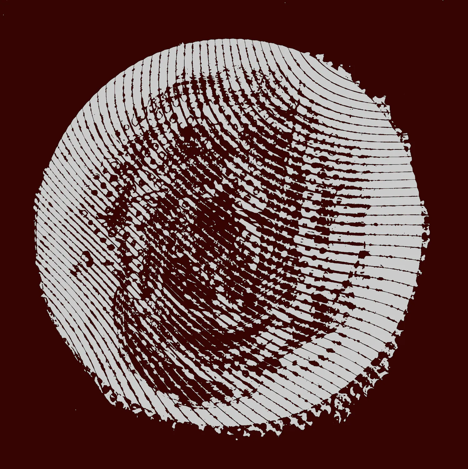 A circular graphic featuring a light grey, textured fingerprint pattern against a dark maroon background. The design is composed of horizontal lines that form a swirling, topographic map-like aesthetic.