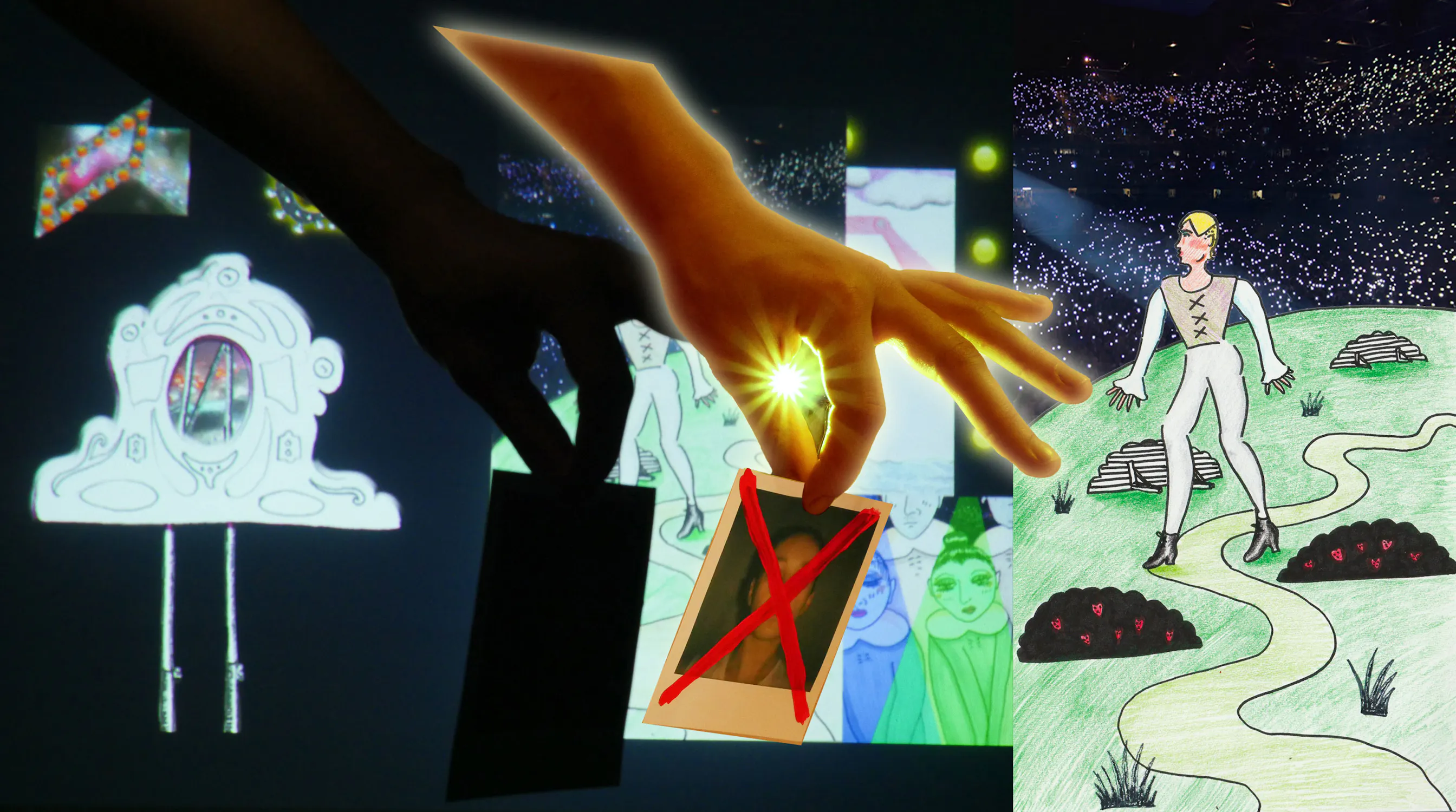 A glowing hand holds a polaroid of a person crossed out with a red X. In the background, a digital collage displays a line drawing of a person walking on a path, a stylised clock, and a crowd of people.