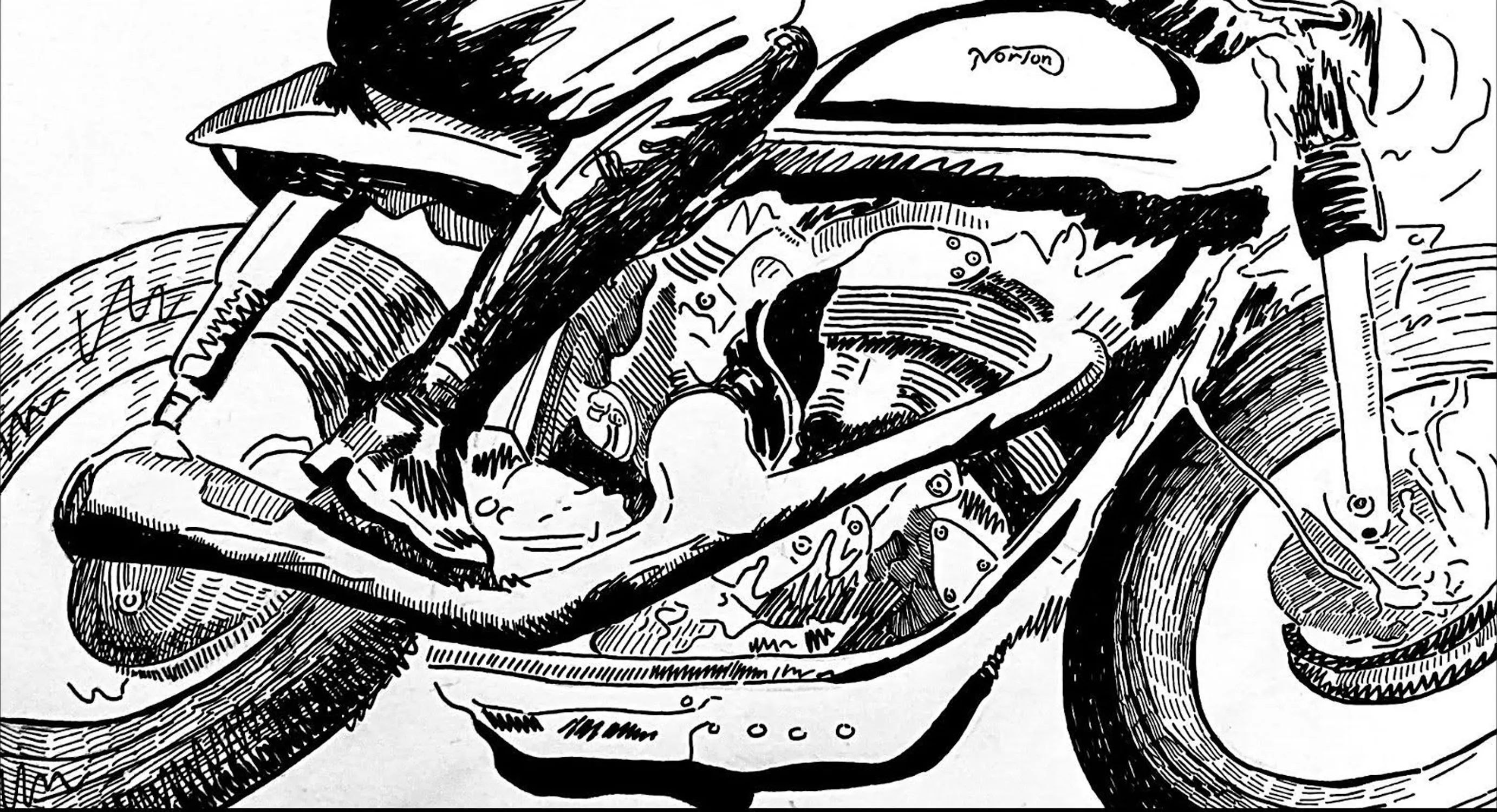 Black and white sketch of a motorcycle’s left side, focused on engine and wheels. A rider in boots and kit is seated. The motorcycle tank says “Norton.” The style uses heavy lines and cross-hatching for depth and texture.