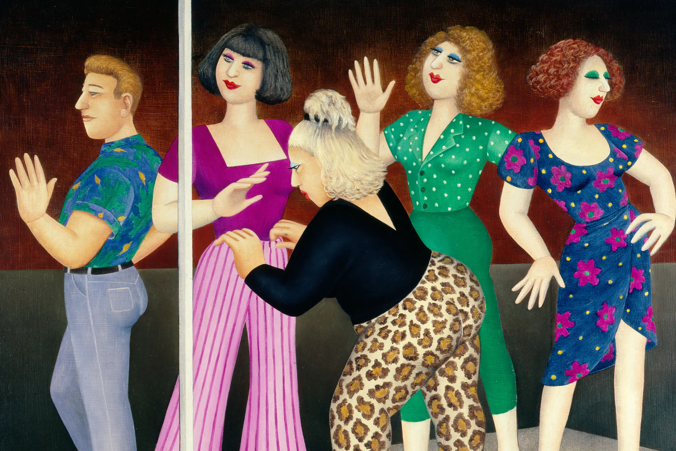 Four shop mannequins stand in a display case. A women with blonde hair and leopard print leggings adjusts the mannequins. The background is dark, and the ground is tiled. The scene is lively and theatrical.
