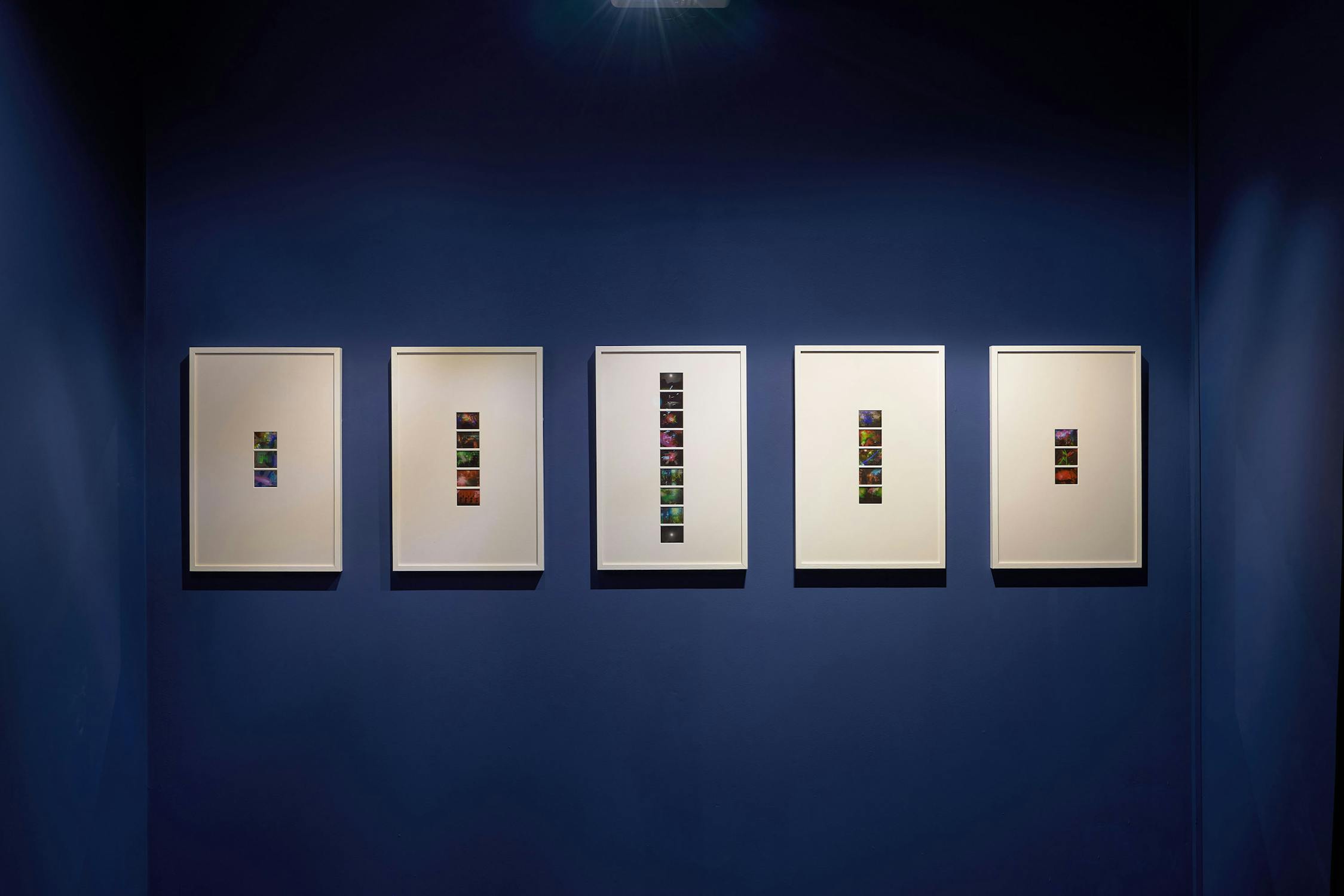 A row of five framed artworks is displayed on a deep blue wall. Each frame contains a vertical series of small, colourful images. The gallery lighting highlights the artwork against the dark backdrop.