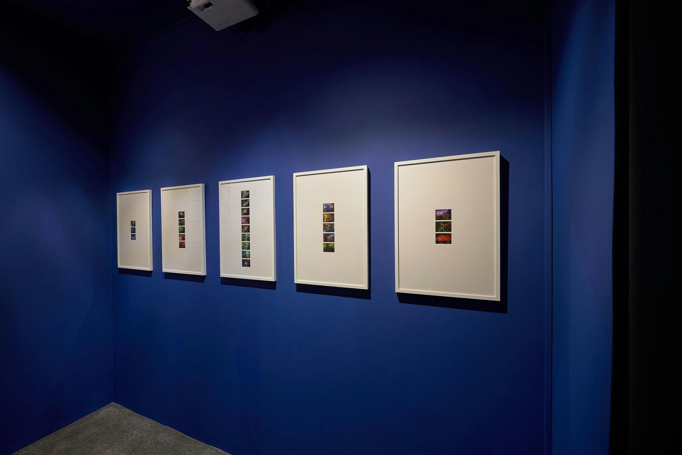 A dimly lit gallery room with dark blue walls displays five framed artworks. Each frame contains a vertical row of colourful, abstract images. The floor is carpeted in a neutral tone, and a projector is mounted on the ceiling.