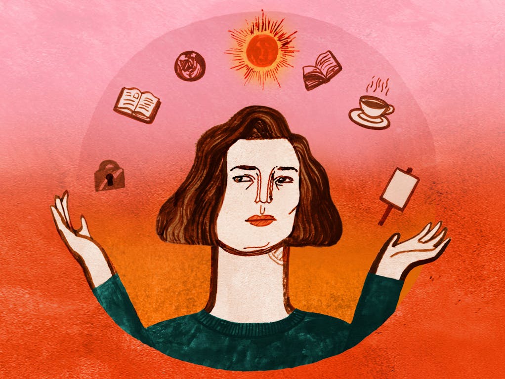 Illustration of a person with short hair against a pink and orange background, juggling various objects: a sun, open books, a coffee cup, and the Earth. The person wears a green sweater and has their hands raised, expressing balance or multitasking.