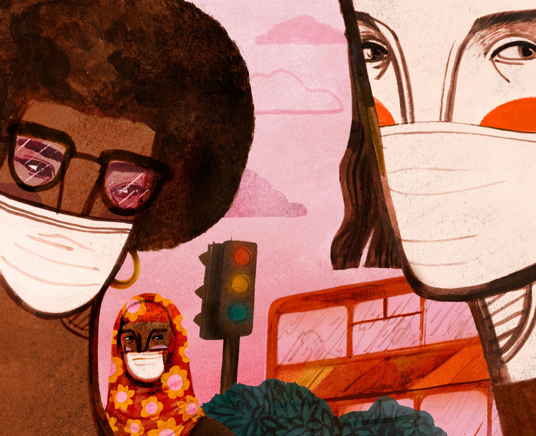 Illustration by Jamie Beard of diverse individuals wearing face masks. One person wears sunglasses and has an afro, another wears a floral hijab. A traffic light and buildings are in the background, set against a pink sky with clouds.