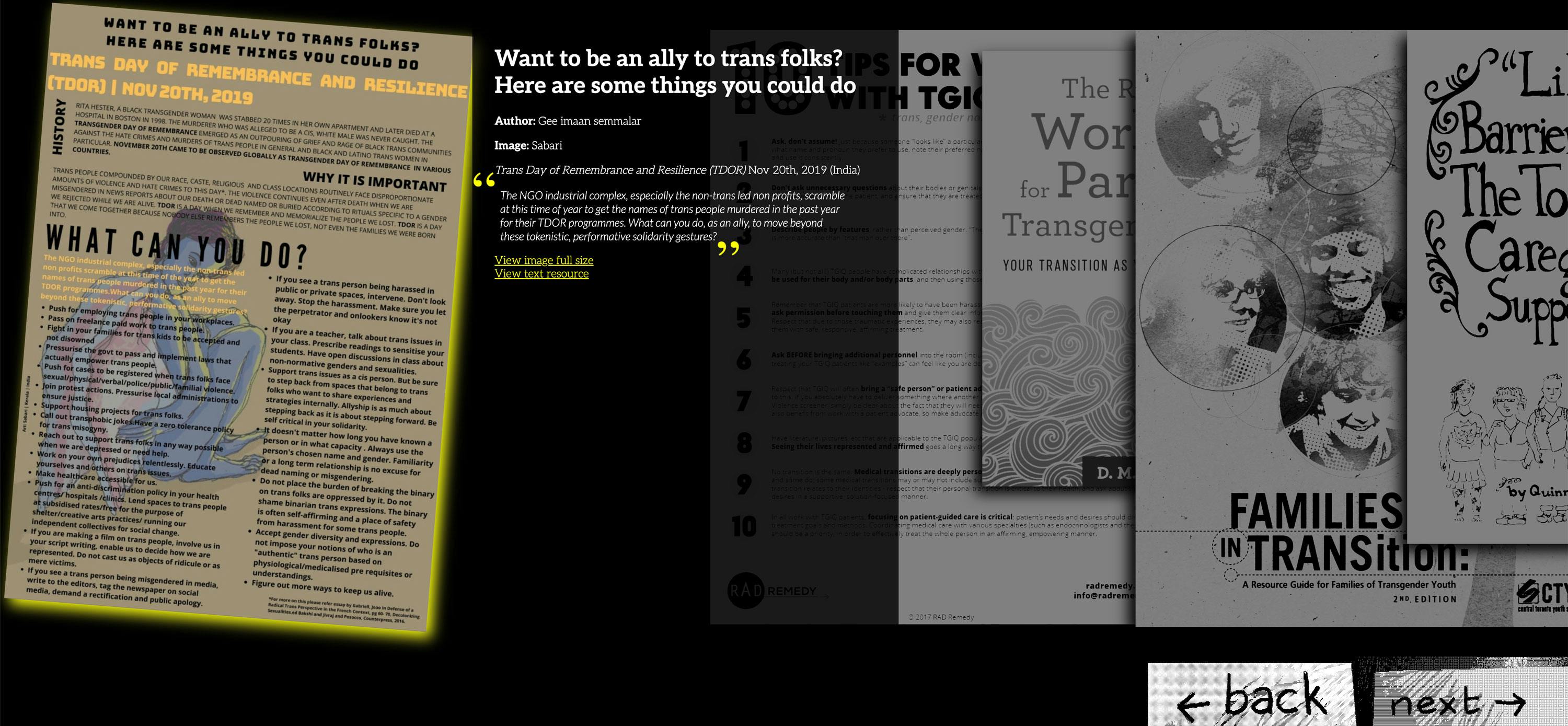 A digital interface displays resources and articles on supporting trans individuals. Highlighted is a section about being an ally, flanked by black and white pamphlets and newsletter covers related to transgender issues. Navigation arrows are visible.