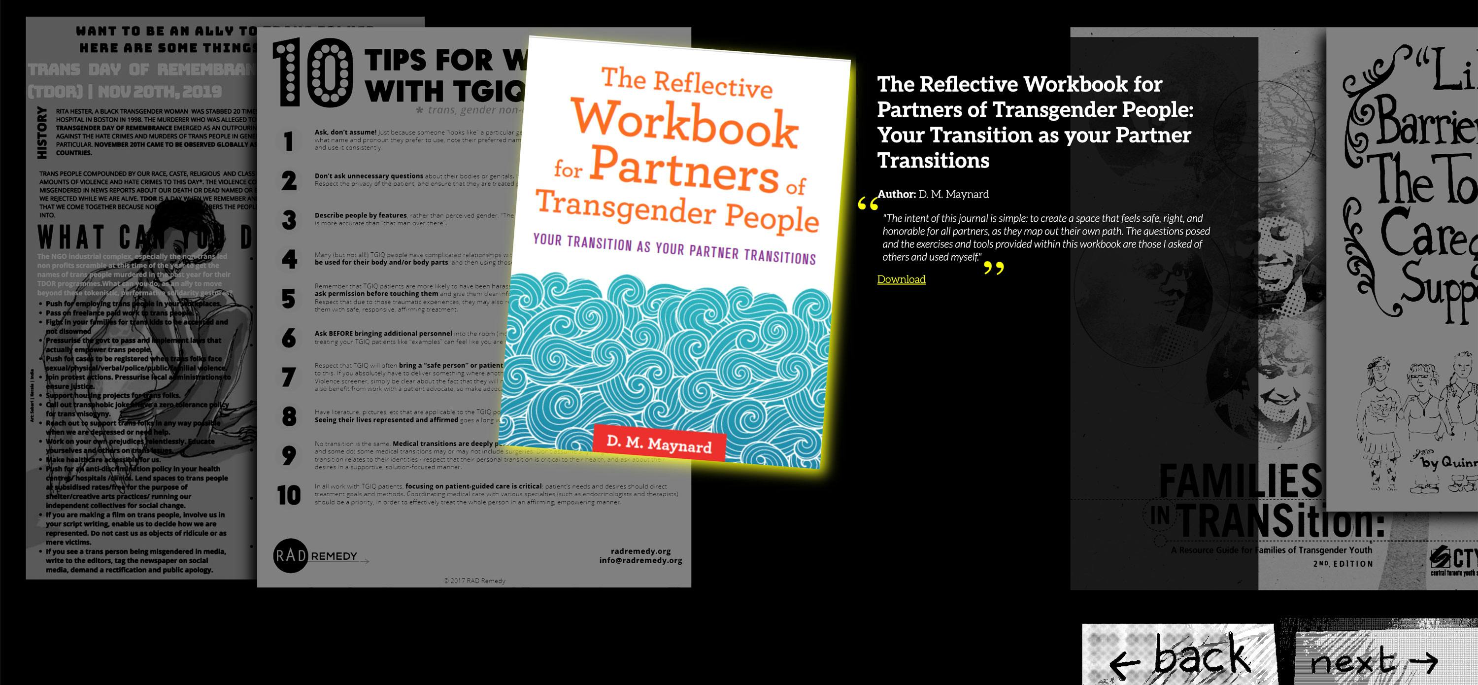 Book cover titled "The Reflective Workbook for Partners of Transgender People" by D. M. Maynard featuring blue wave patterns. Surrounding the cover are pages and covers of similar supportive resources, with a navigation prompt at the bottom.