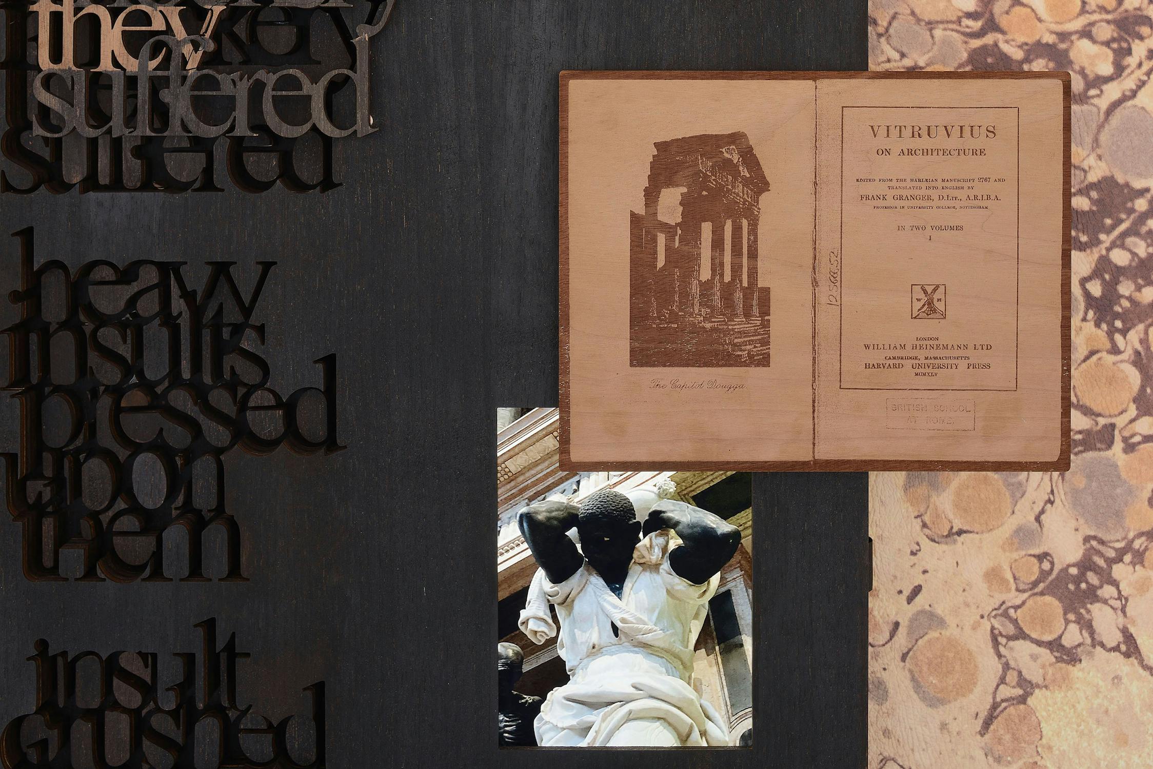 A collage by Holly Graham featuring a marble-like background, a vintage book page titled "VITRUVIUS of Architecture," a black and white statue photo, and layered black text including "they suffered" and "heavy insults pressed upon them.