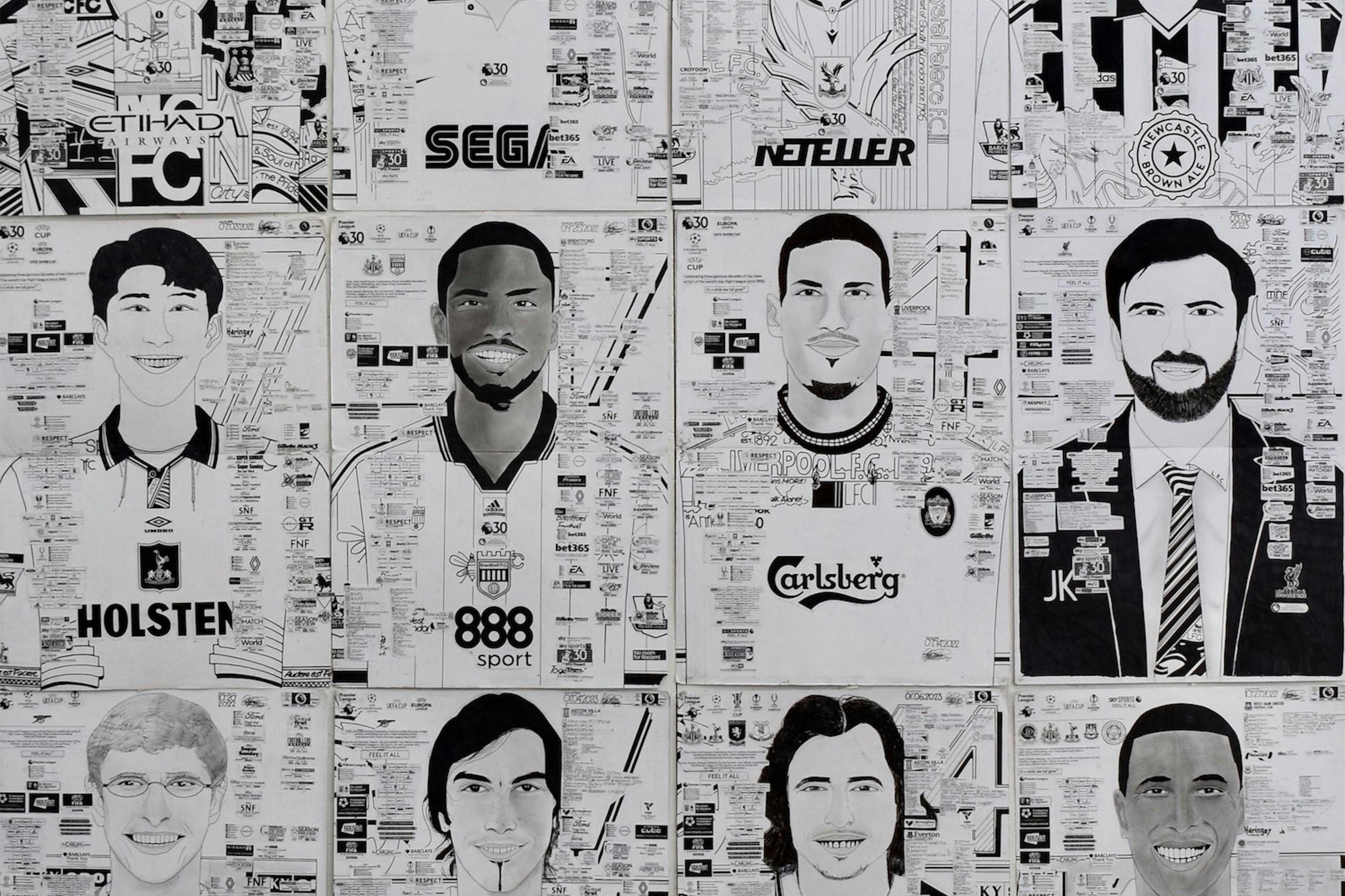 A black and white illustration featuring nine portraits. Each portrait has detailed backgrounds with recognisable logos, text, and patterns resembling football player trading cards. The styles and expressions vary, showcasing different individuals.