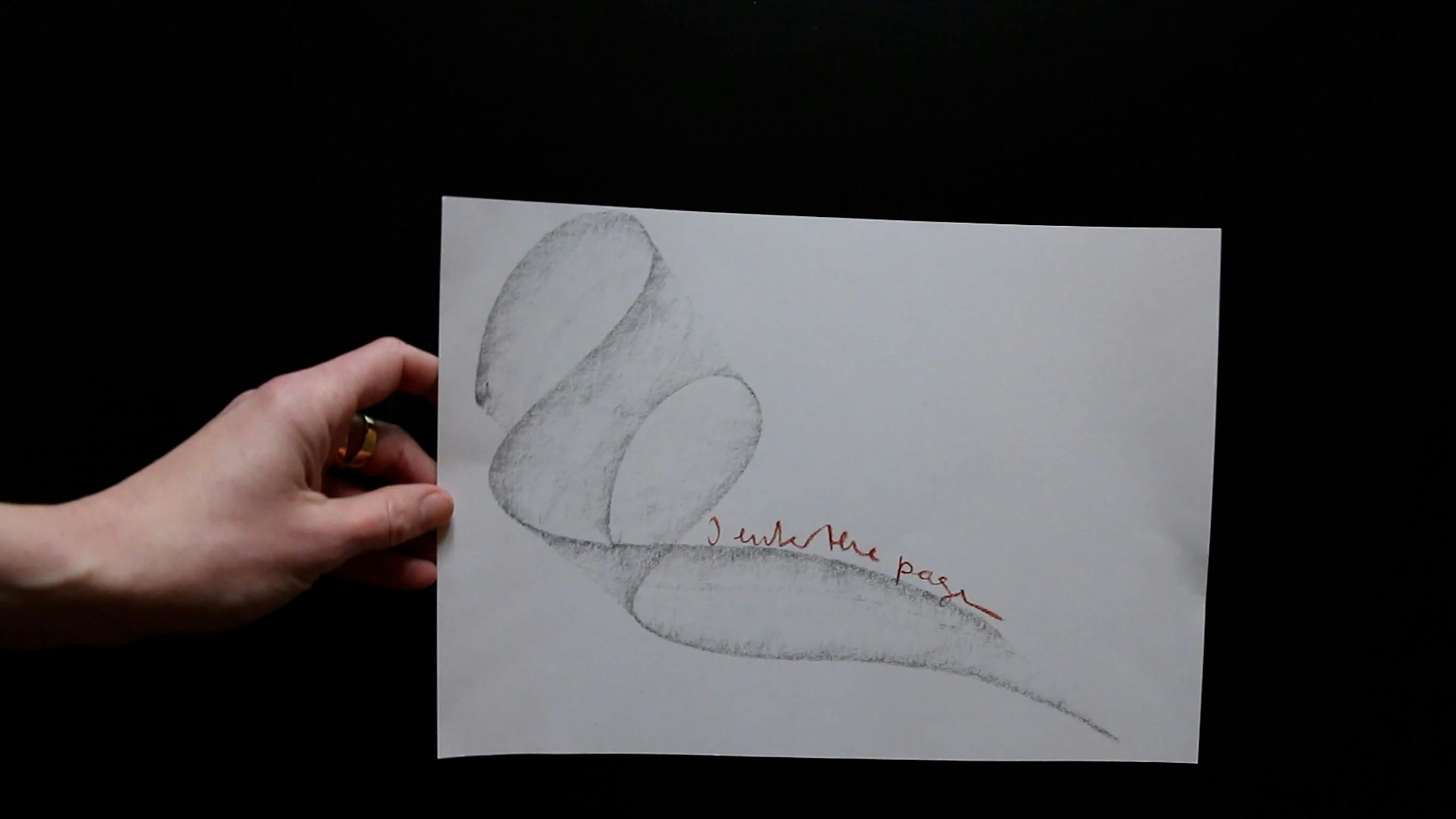 A hand holding a white sheet with abstract, curved, gray brushstrokes and the words "into the past" written in red on a black background.