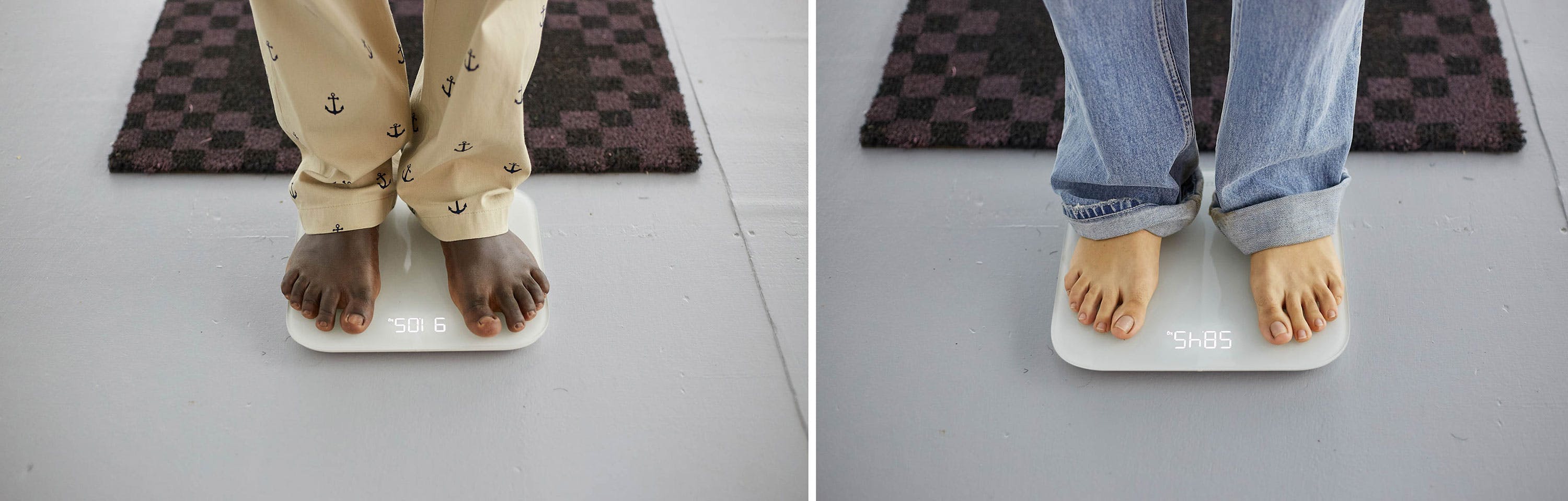 Left image: Person wearing anchor-patterned pajamas standing on a digital scale displaying "50.6". Right image: Person wearing rolled-up jeans standing on a digital scale displaying "54.85". Both scales are on a grey floor.