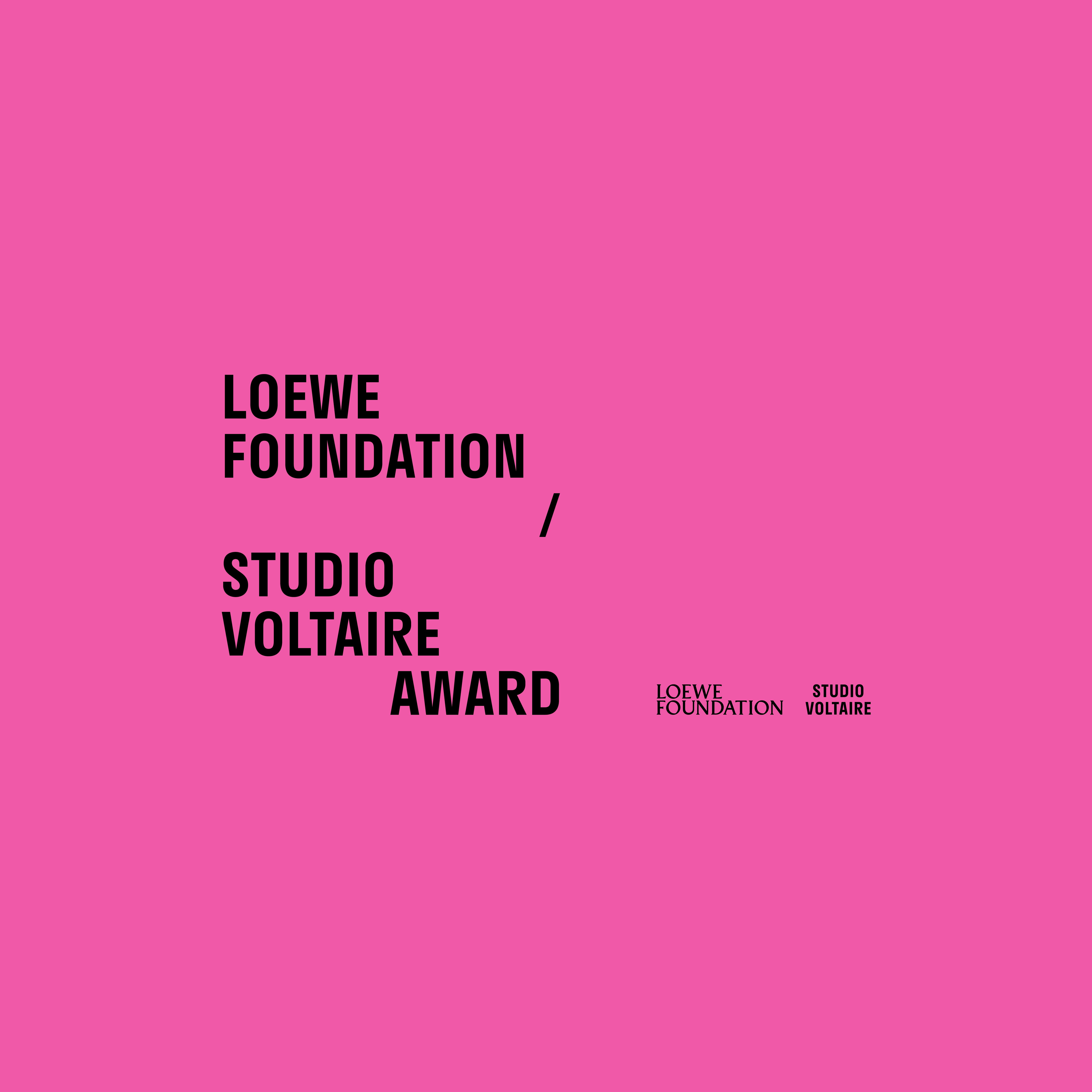 Black text reading "Loewe Foundation / Studio Voltaire Award" on a solid bright pink background, with small Loewe Foundation and Studio Voltaire logos in the bottom right corner.
