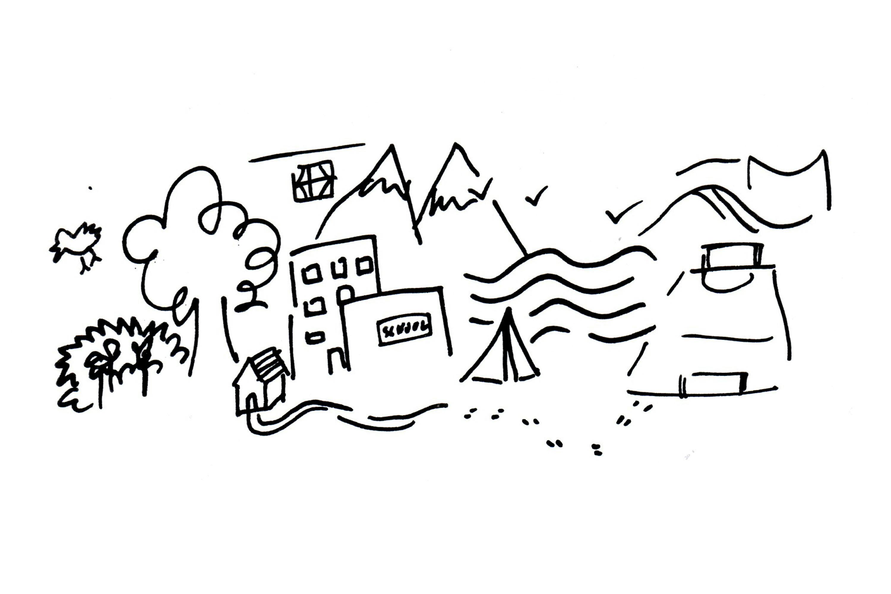 A black and white line drawing featuring various elements: a house, a tree, a school, mountains, waves, a tent, and a bird in the sky. An abstract landscape combines both natural and man-made features.