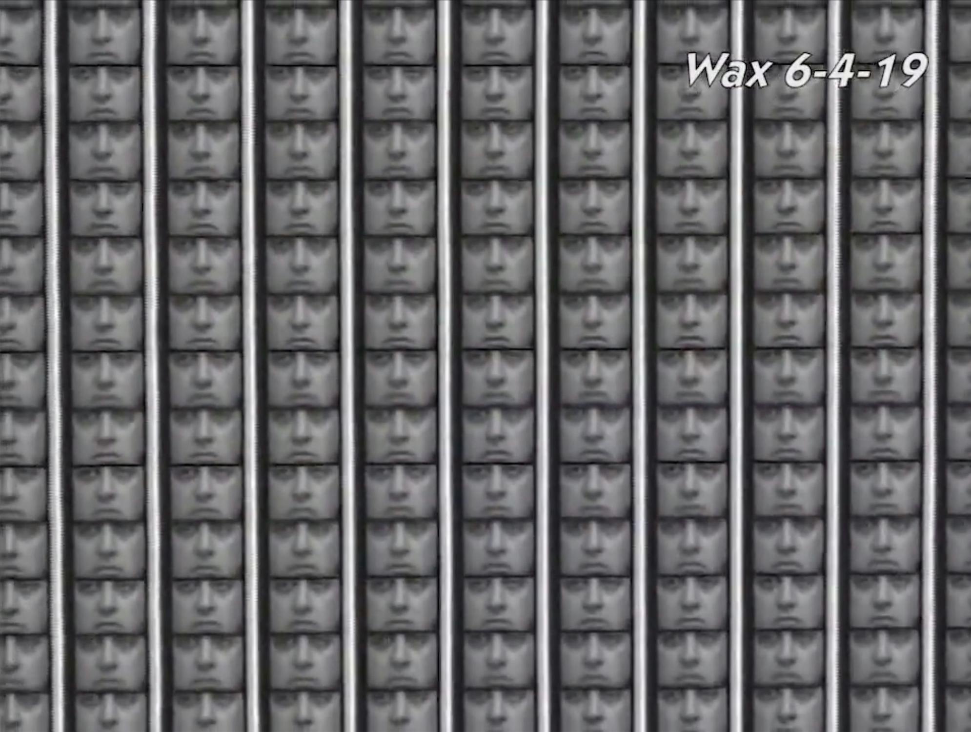 A grid of monochromatic faces resembling a mask. Each face appears identical and is aligned in rows and columns. The date "6-4-19" is written in the top right corner with the word "Wax" above it.