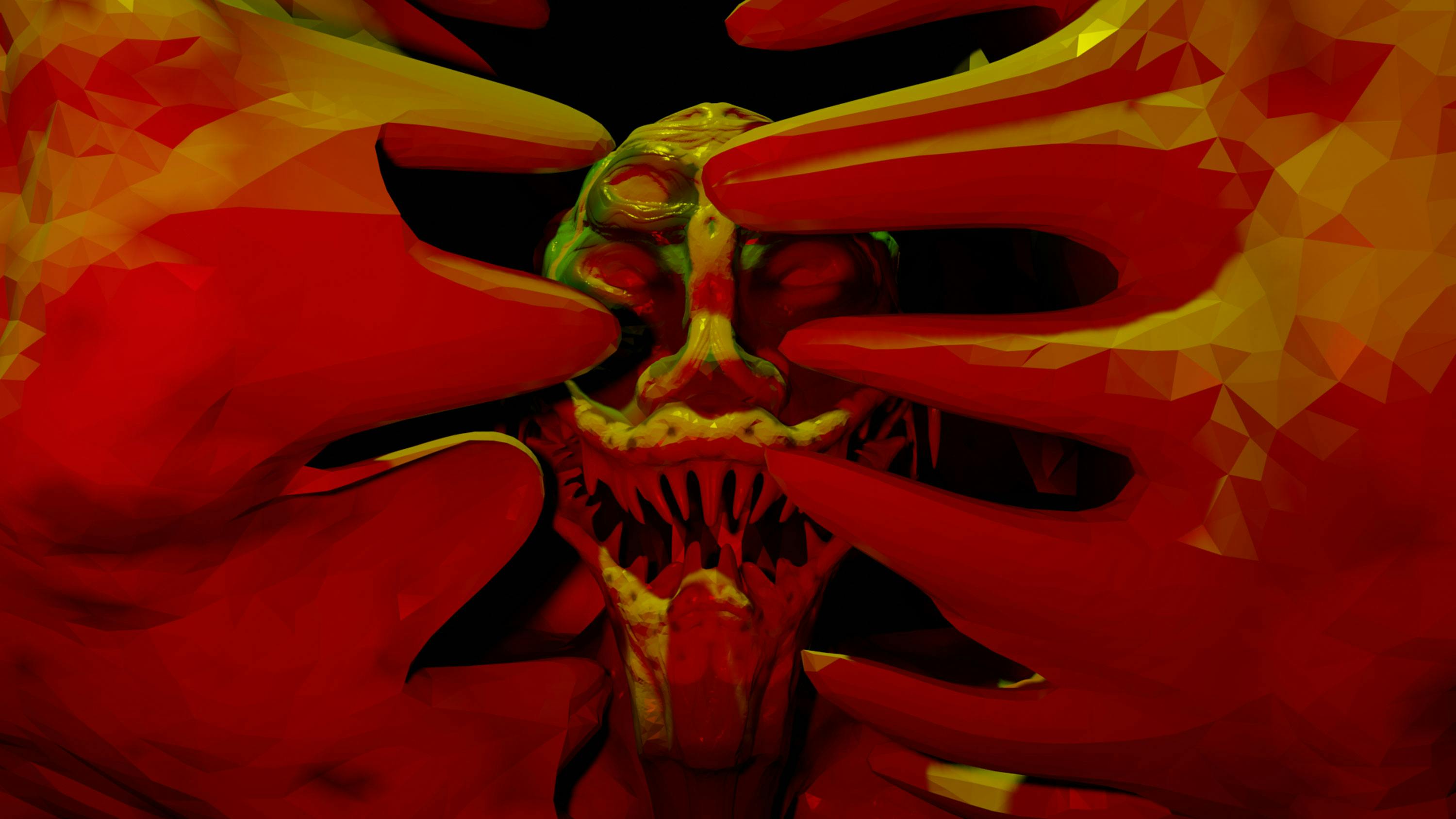 A computer-generated image of a monster peering between a jagged surface.
