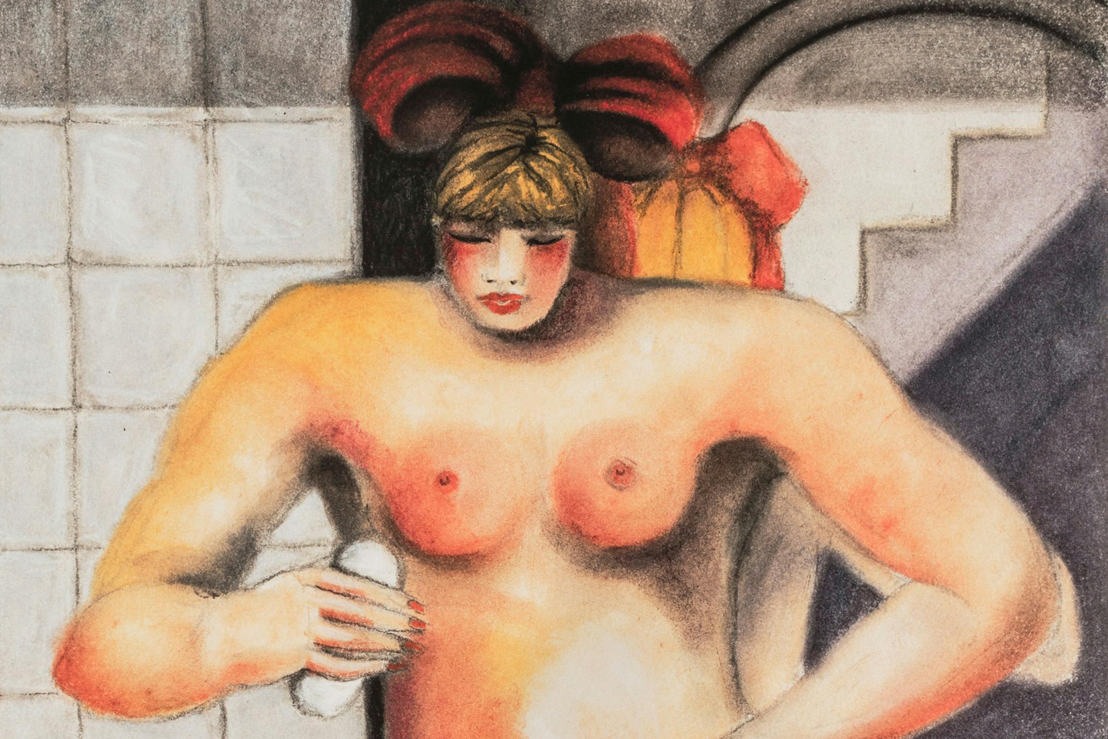 A cropped chalk pastel drawing of a nude women with a bright red bow in her hair, red cheeks, holding a bar of soap