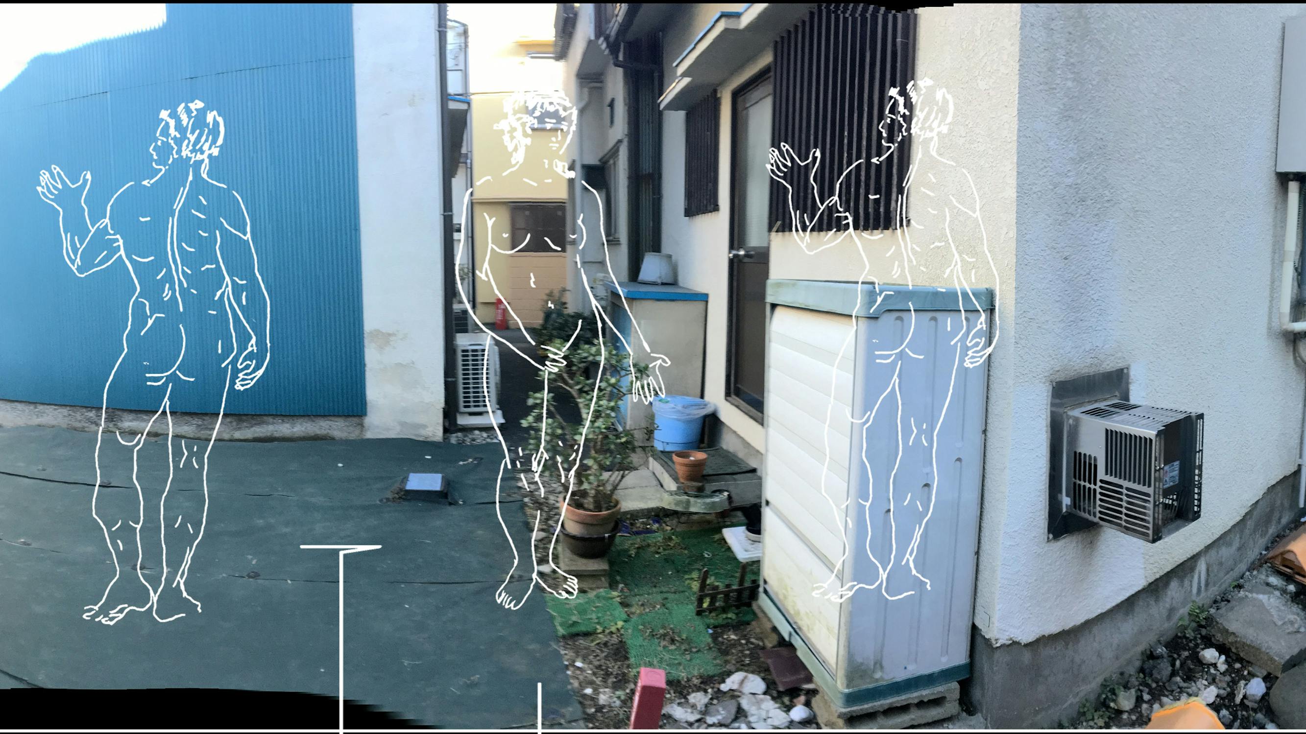 a still from a film, showing the exterior of a residential building and small potted plants. Outlined drawings of three nude figures are overlayed on the film.