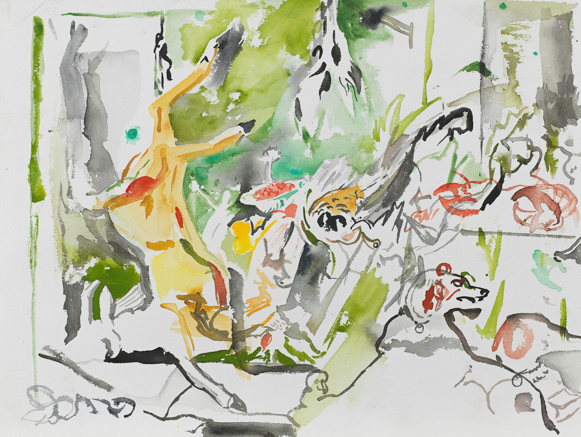 a vivid watercolour painting of abstracted hunting scene, layered with colourful foliage and various animals