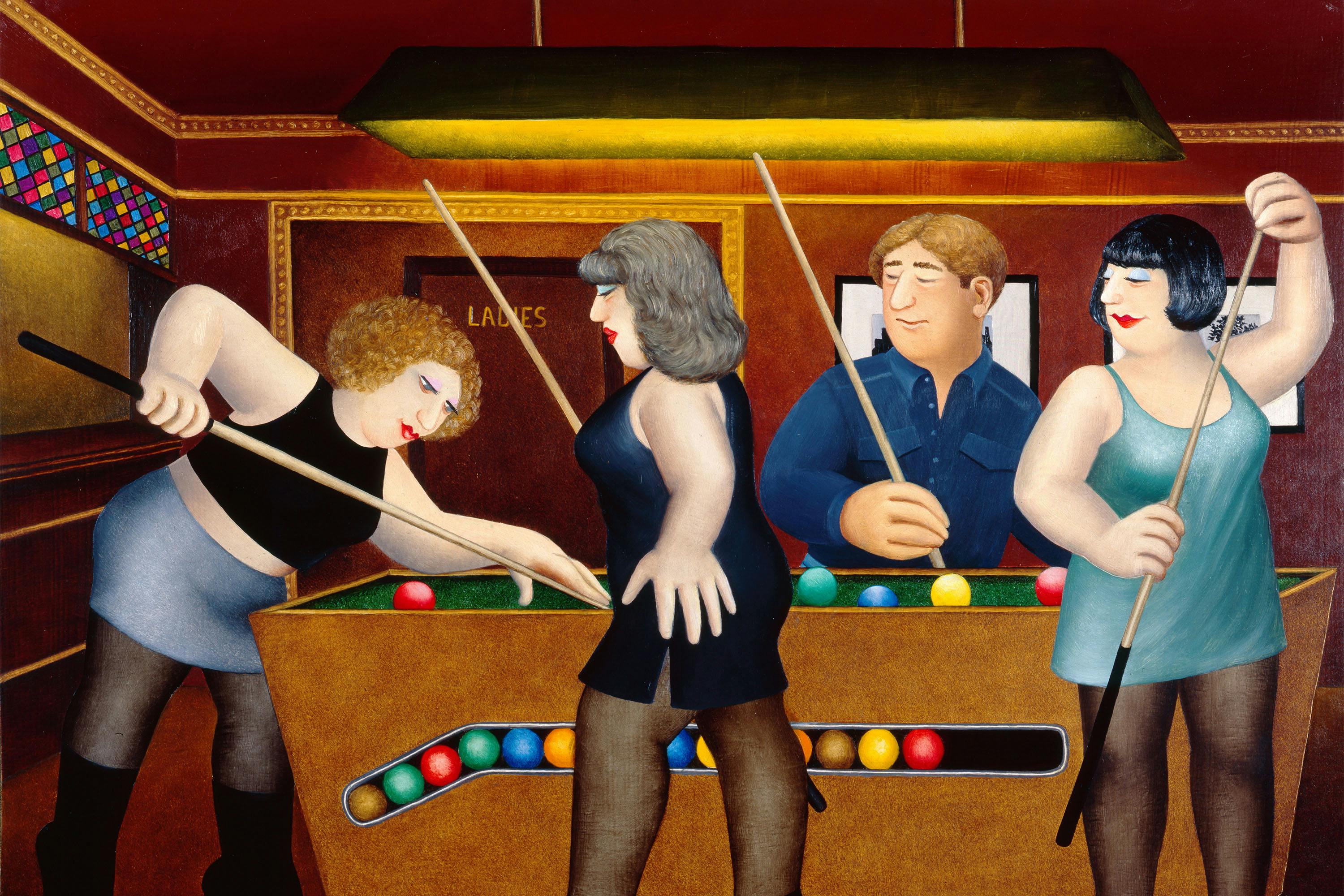 A Beryl Cook painting depicting four well-rounded people, one man and three women, playing a game of billiards in a bar