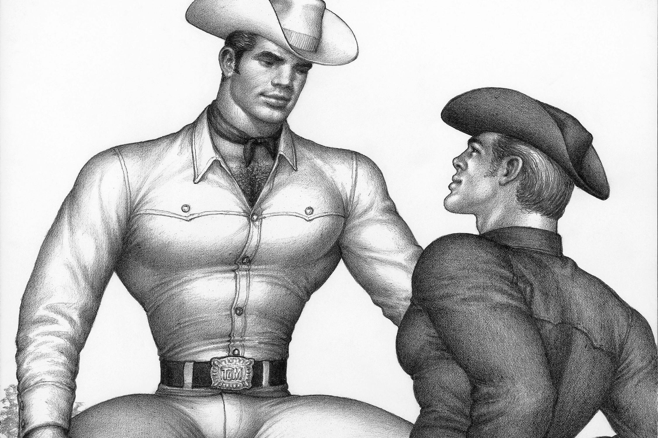 A Tom of Finland pencil drawing depicting a cowboy in a tight white shirt and stetson facing another cowboy wearing a dark shirt and stetson