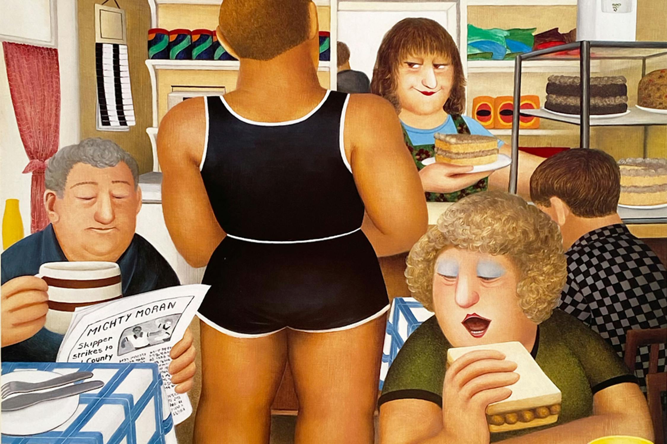 A Beryl Cook painting depicting a busy cafe scene. There is man wearing a black vest and shorts who faces from the viewer, and in the foreground a women eats a sausage sandwich