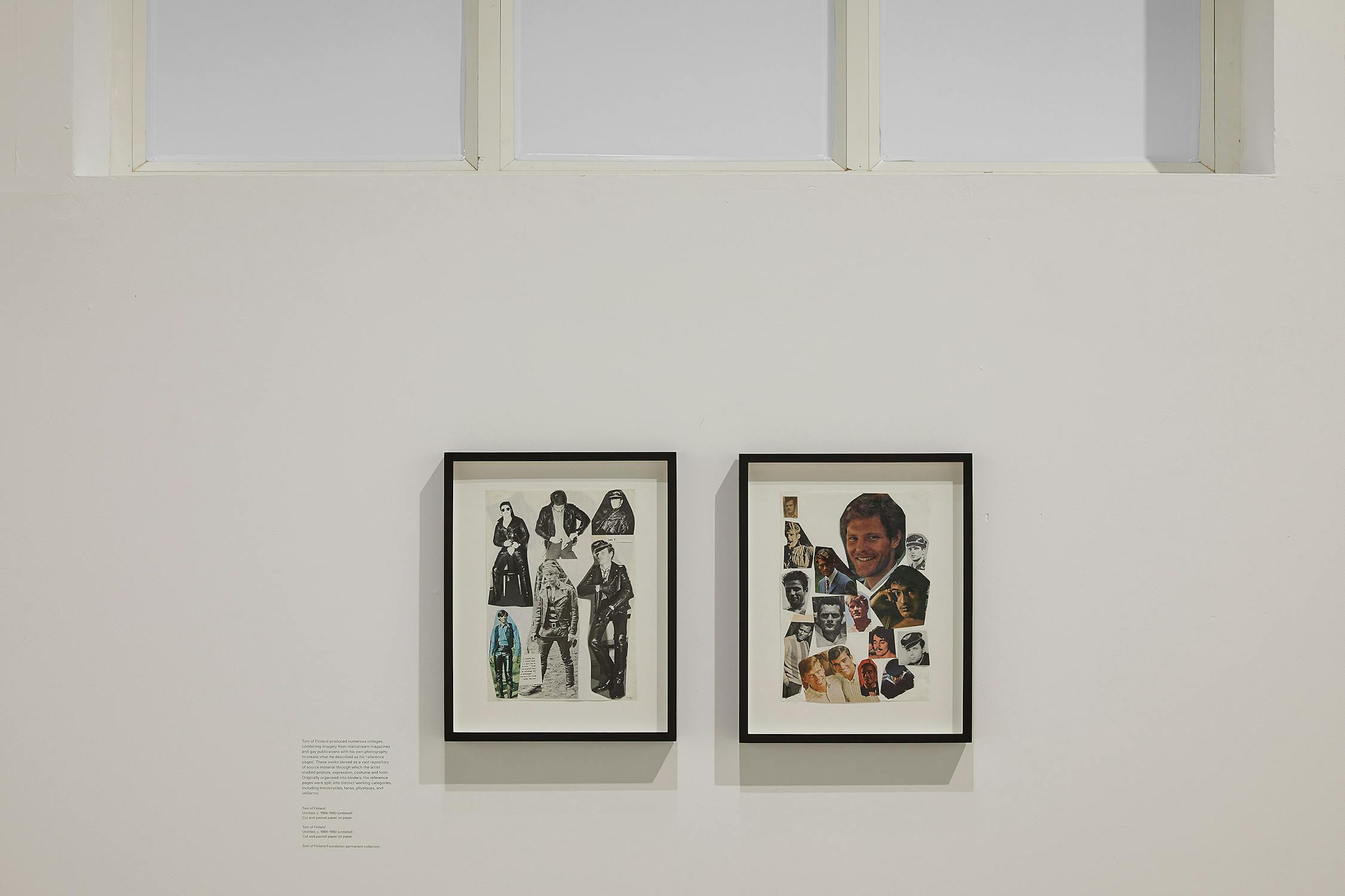 two artworks displaying cut-out collages of men in uniforms and men from physique magazines hung together on a white wall