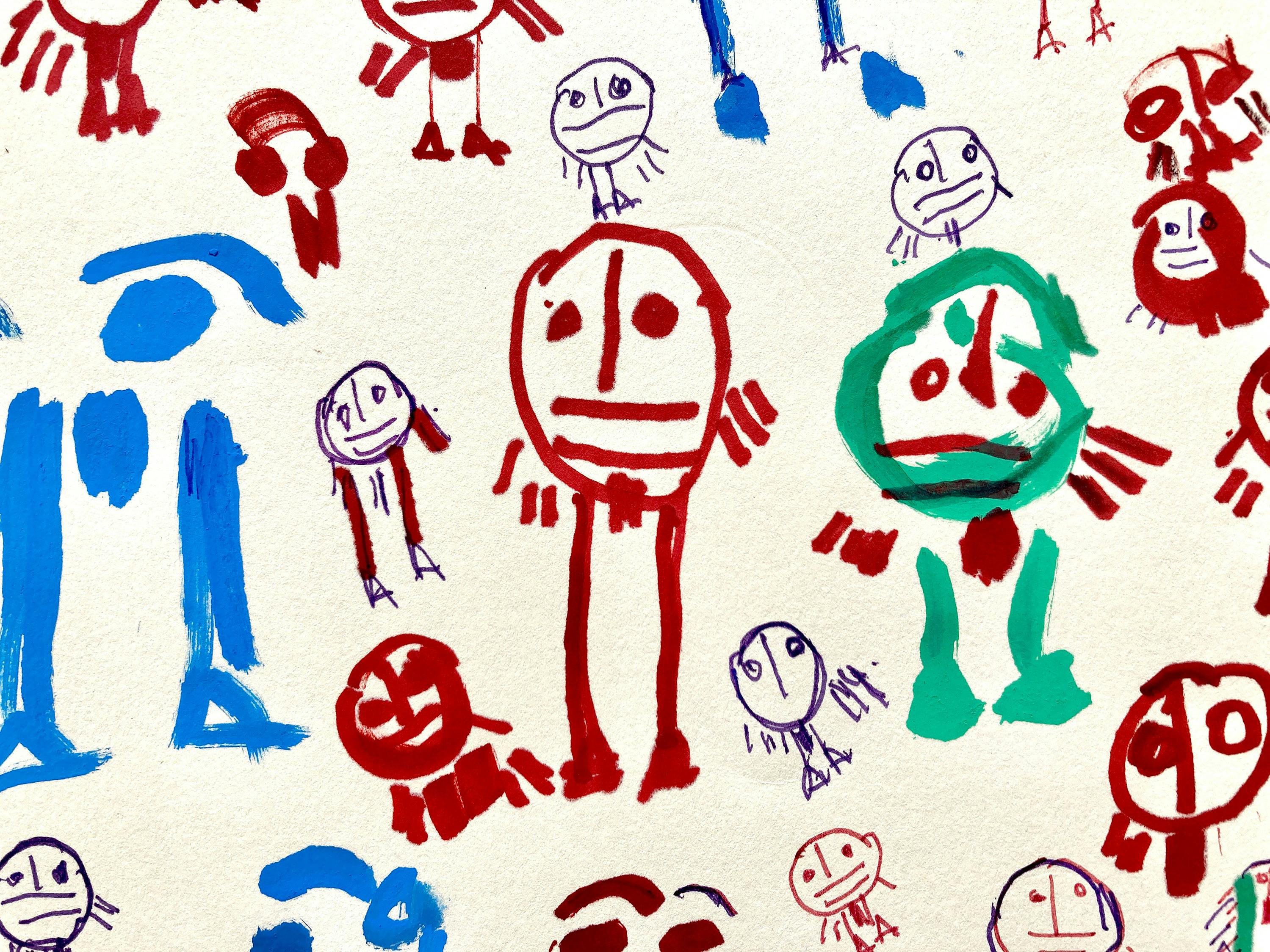 a felt-tip-pen drawing of various figures in blue, green and red ink