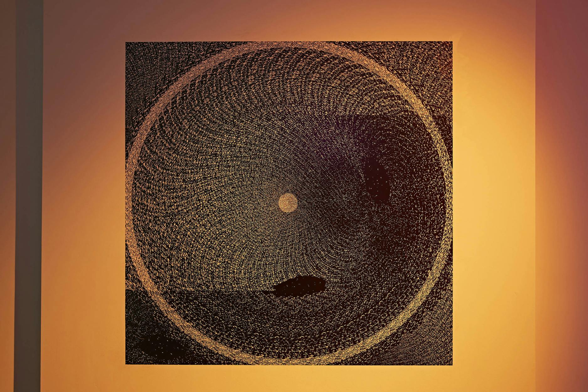 A black spiral image on an orange background