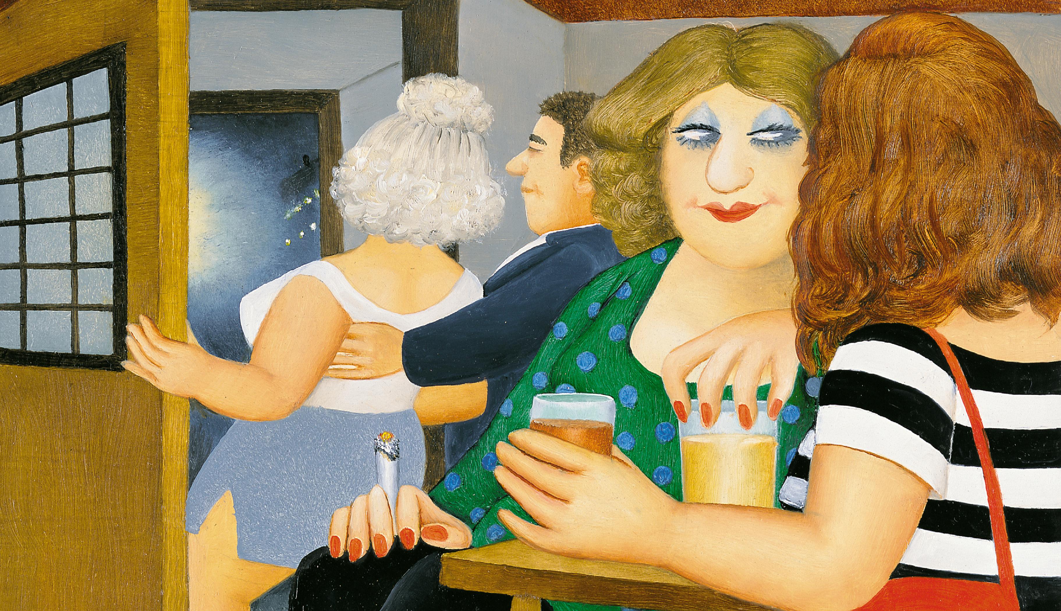 A colourful painting by Berl Cook depicting two women sitting in a pub drinking pints of beer and smoking cigarettes.