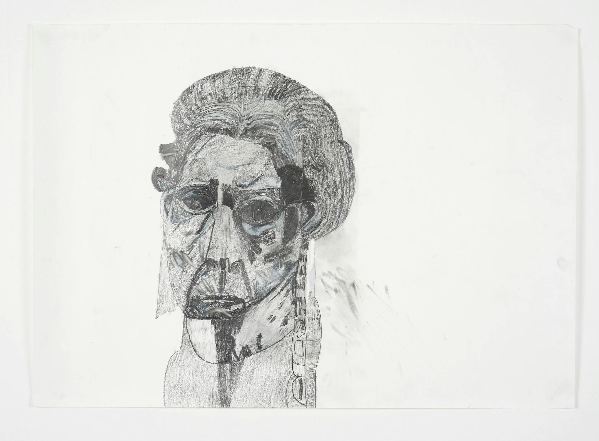 A detailed and distinctive graphite pencil drawing with exaggerated features, on white paper