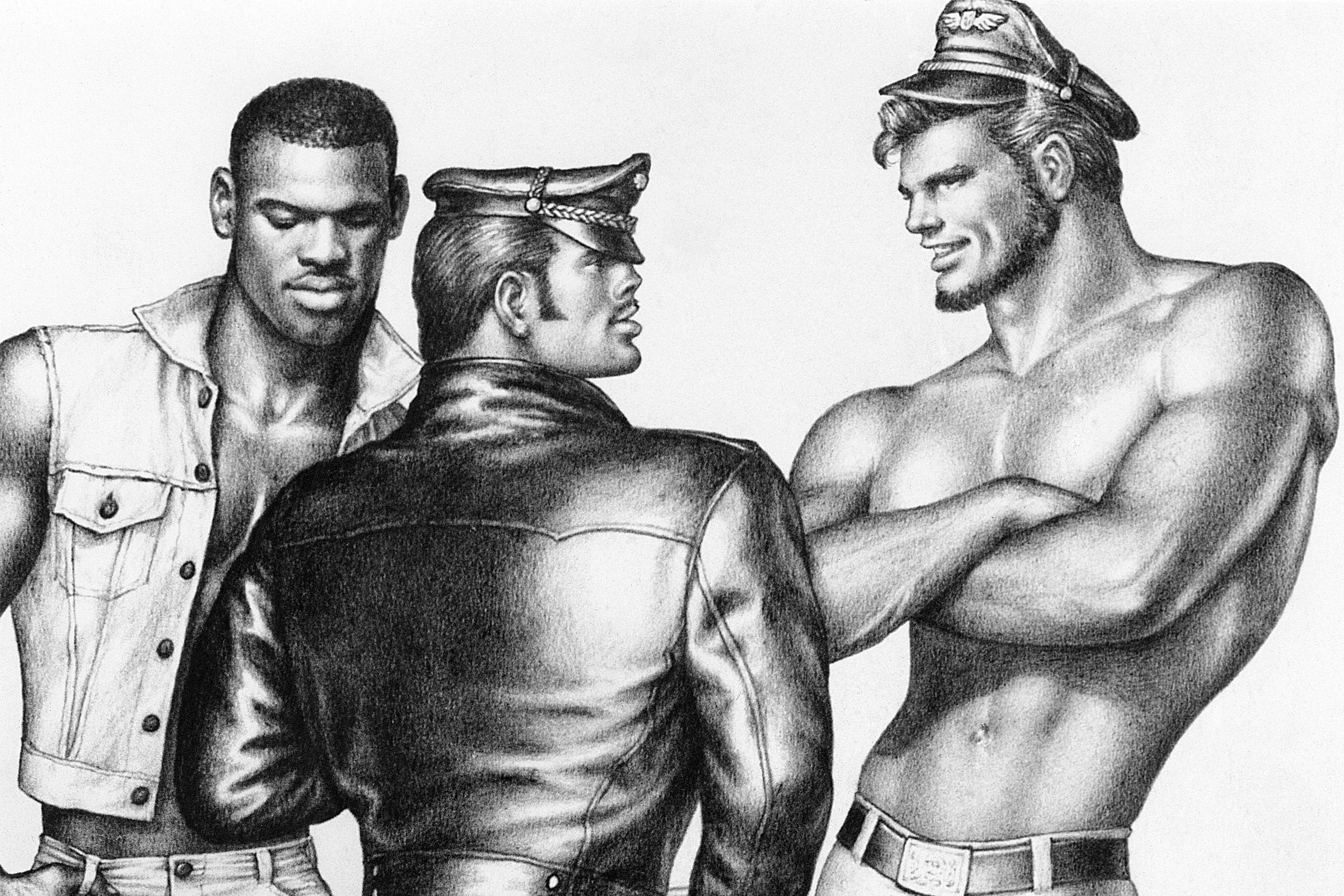 A detailed pencil drawing of a trio of muscular men wearing revealing leather and denim fetish wear