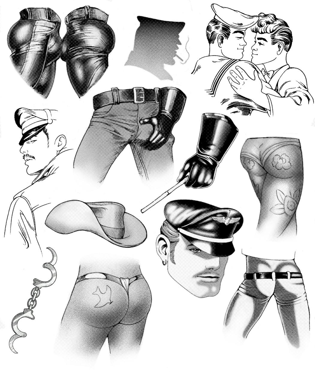 A flash tattoo sheet with various designs depicting muscular men in various sexual poses in the style of Tom of Finland