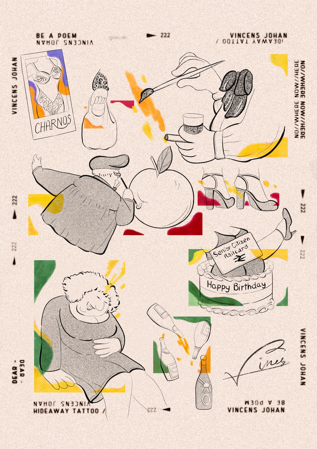 A flash tattoo sheet with various designs depicting body parts and characters with colourful splashes in the style of Beryl Cook