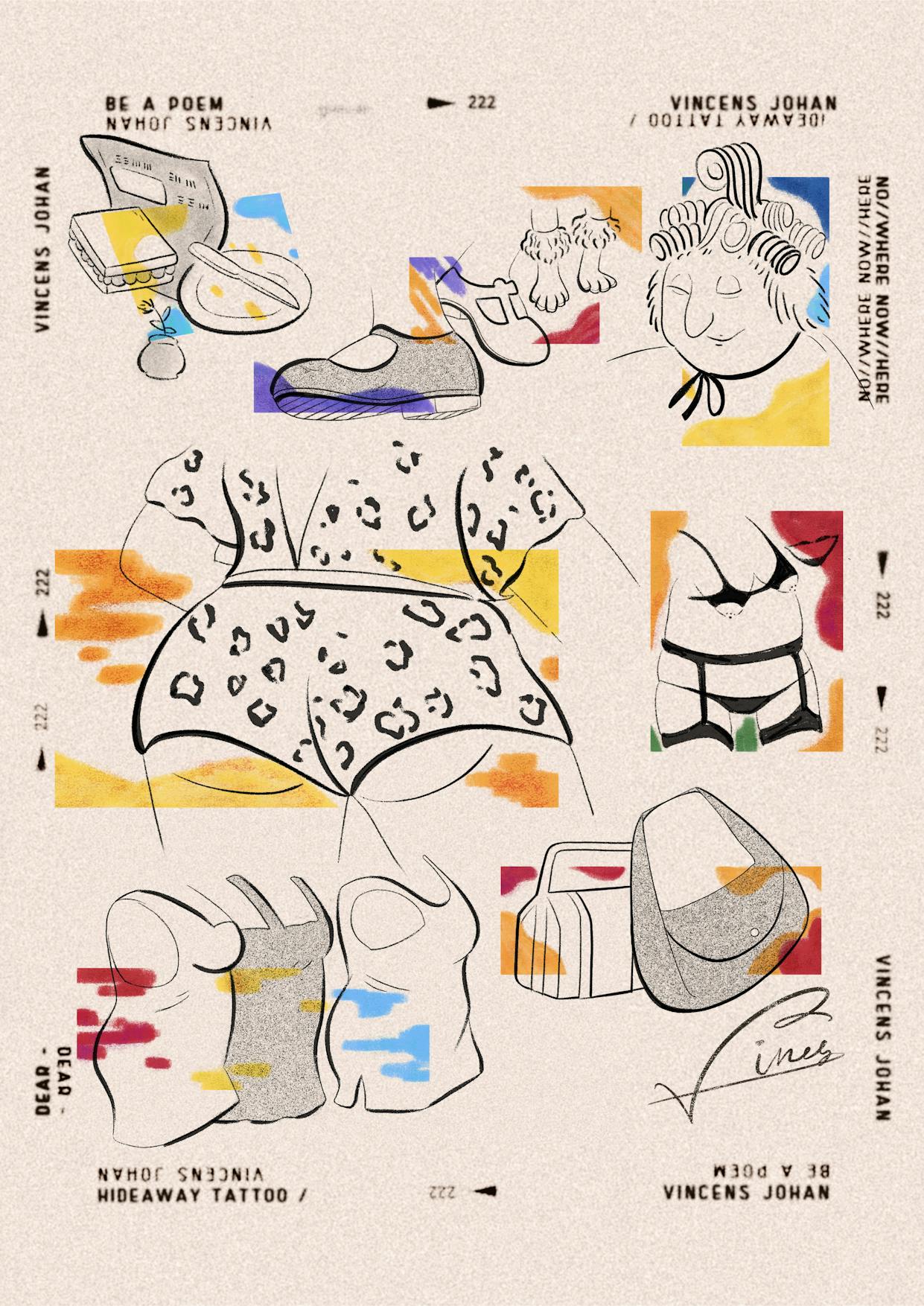 A flash tattoo sheet with various designs depicting body parts and characters with colourful splashes in the style of Beryl Cook