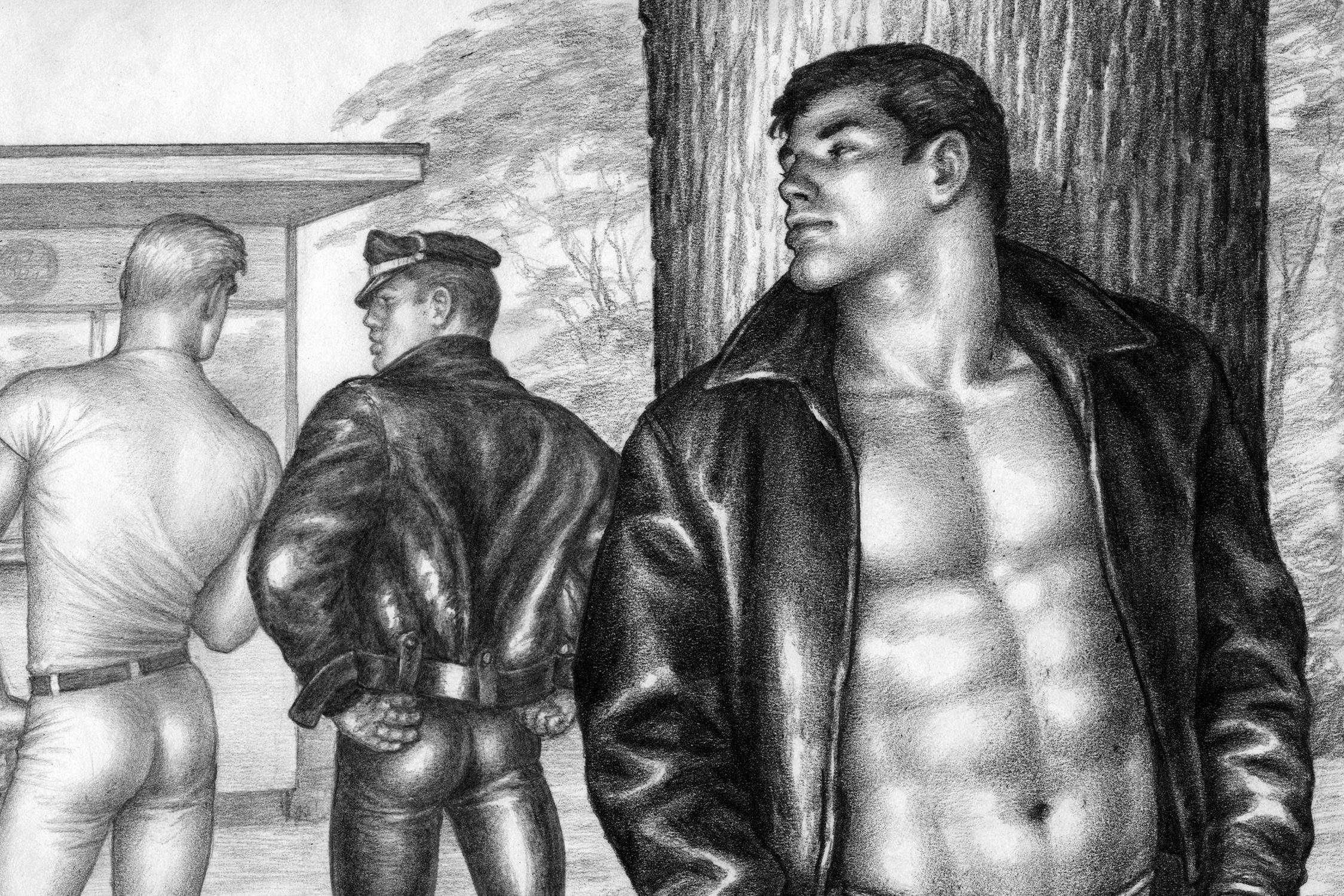 a detailed pencil drawing of a man wearing an open leather jacket to reveal muscular abs, looking back at two men in tight denim and leather outfits