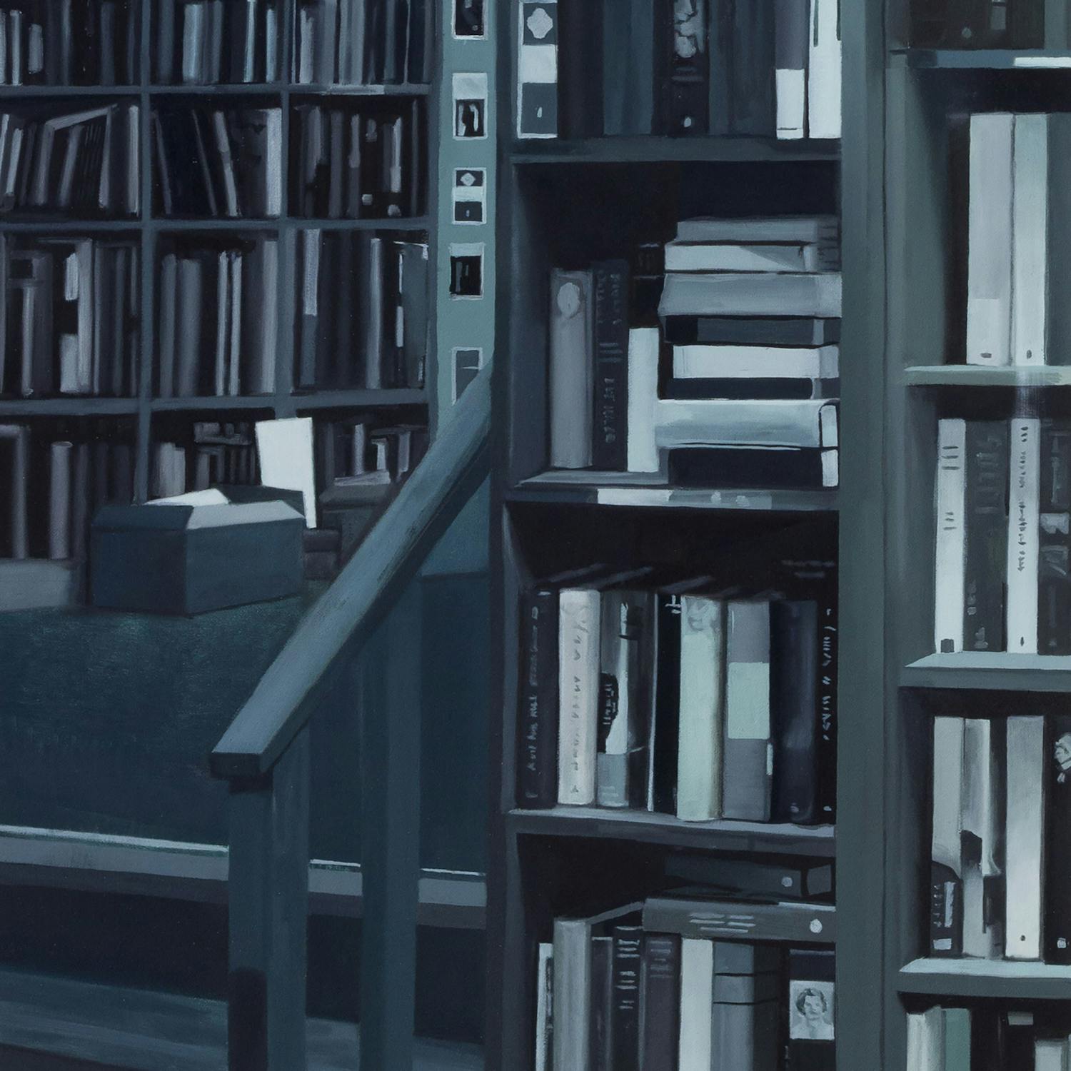 A detailed painting in blue and green hues of a shelf with book and various files