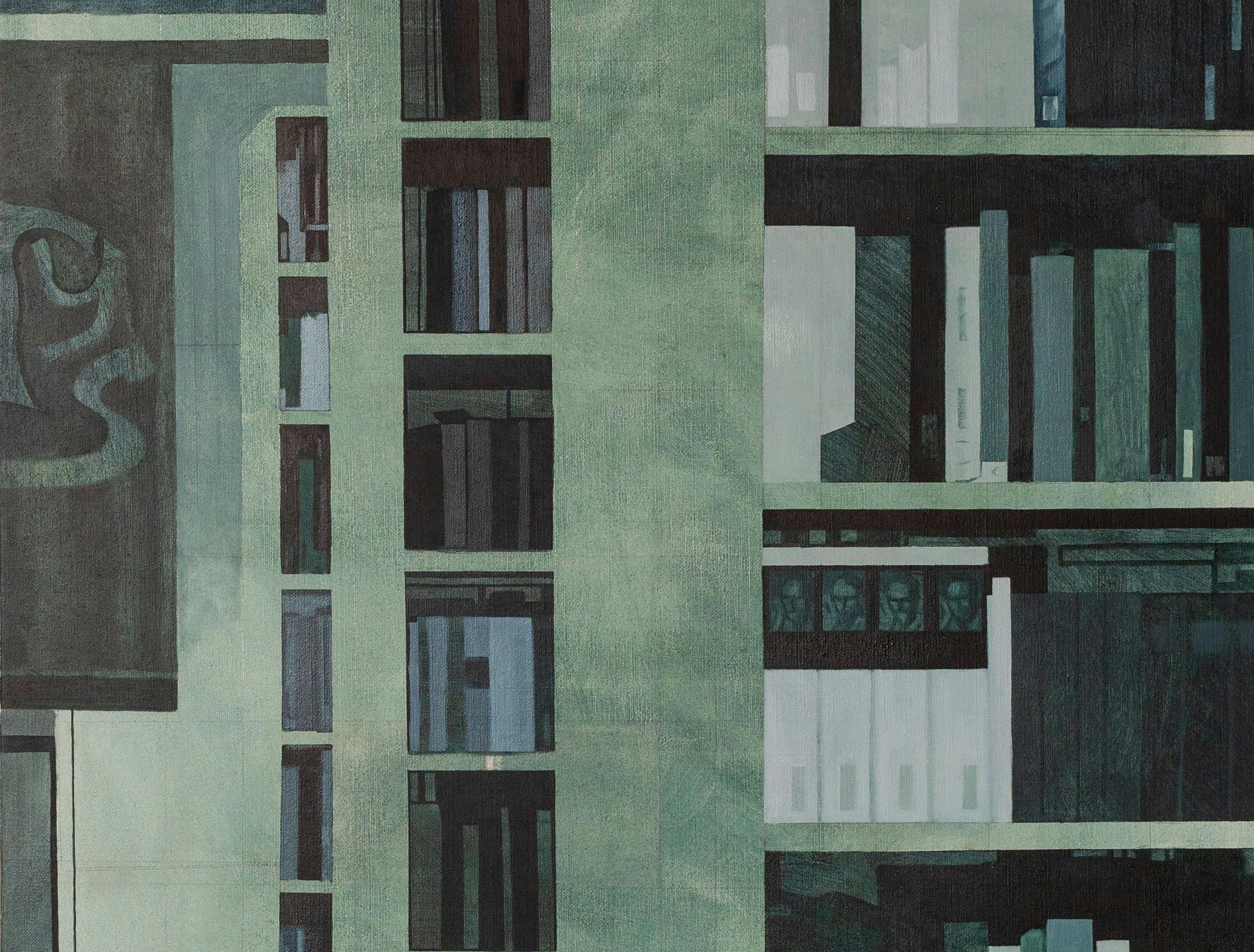 A detailed painting in blue and green hues of a shelf with book and various files