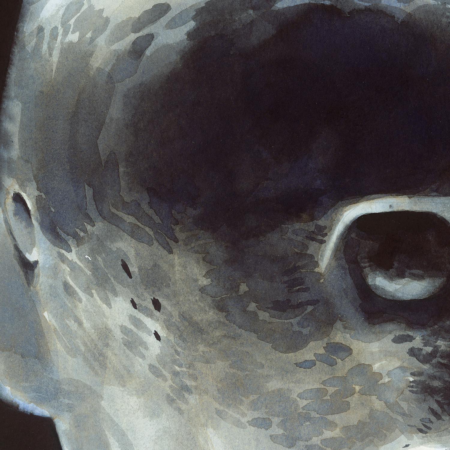 A painting in grey and blue shadowy hues of a pitted and textured surface, resembling a meteors surface