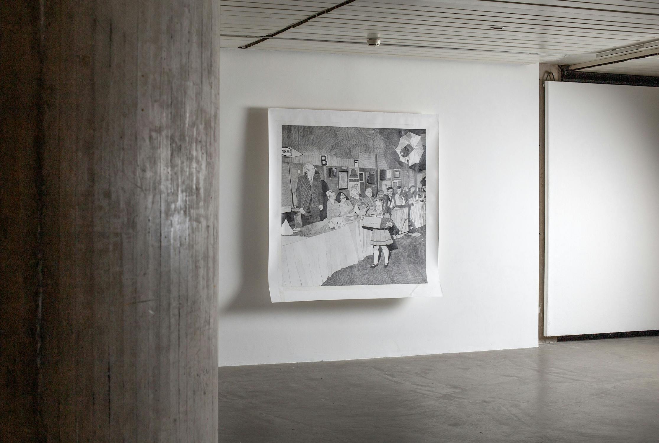 an unstretched monochrome paitning of a young girl carrying a large box past a table of older people