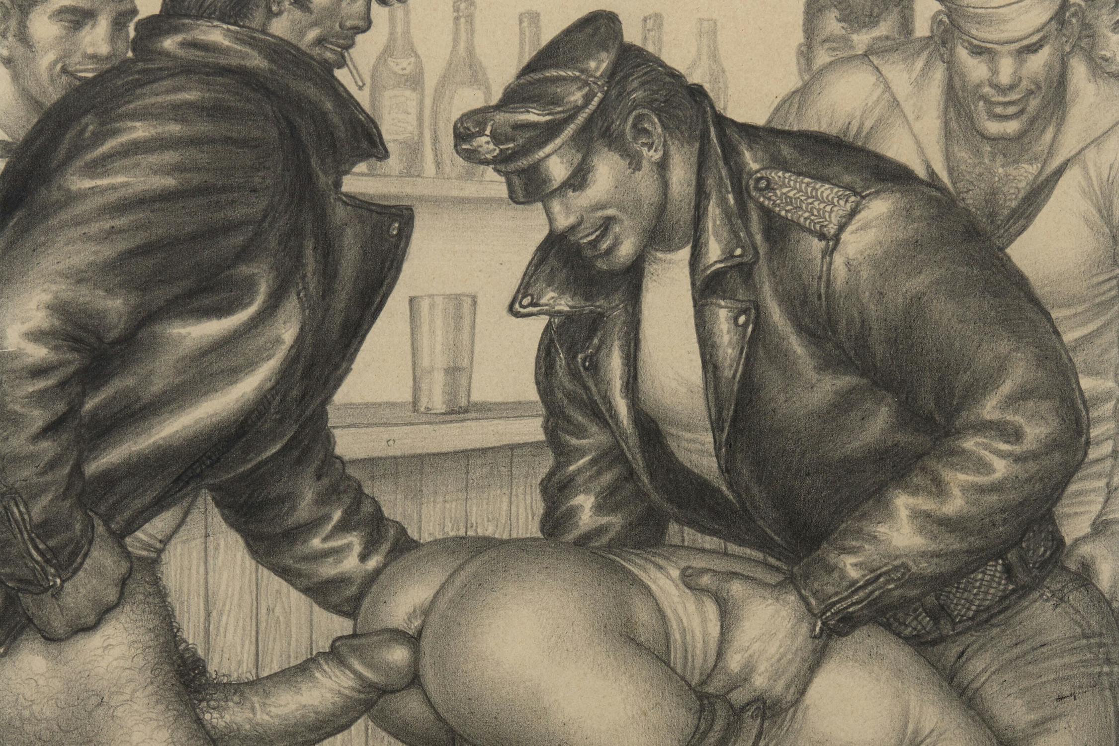 A homoerotic pencil drawing of two leather-clad men at a bar, holding another man with their buttocks exposed. One of the men is preparing to engage in anal intercourse with the exposed man.