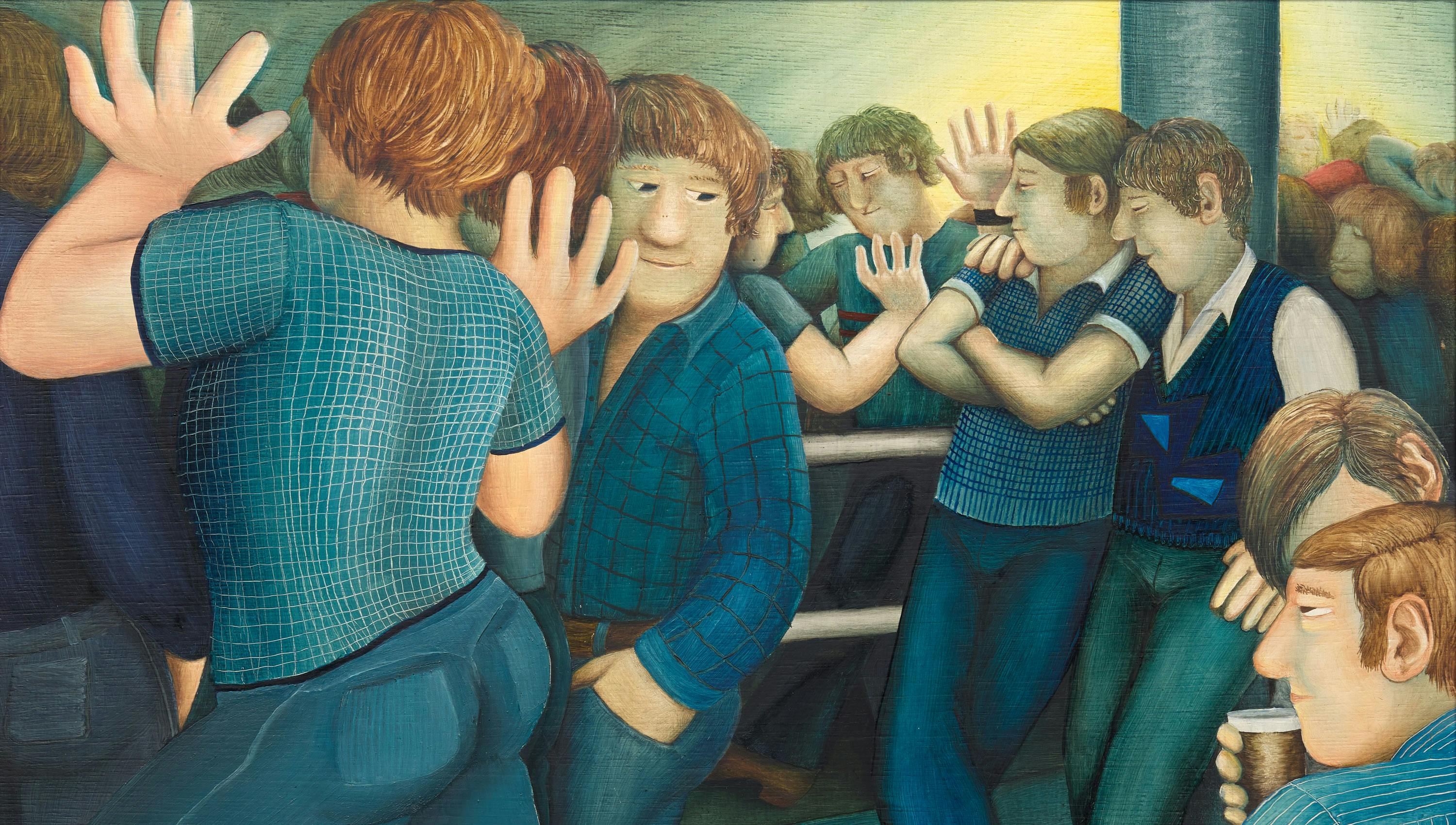 a painting of a nightclub interior with men dancing and wearing tight-fitting jeans. The painting's protagonist is a man with choppy hair looking over his shoulder at another man who catches his eye.