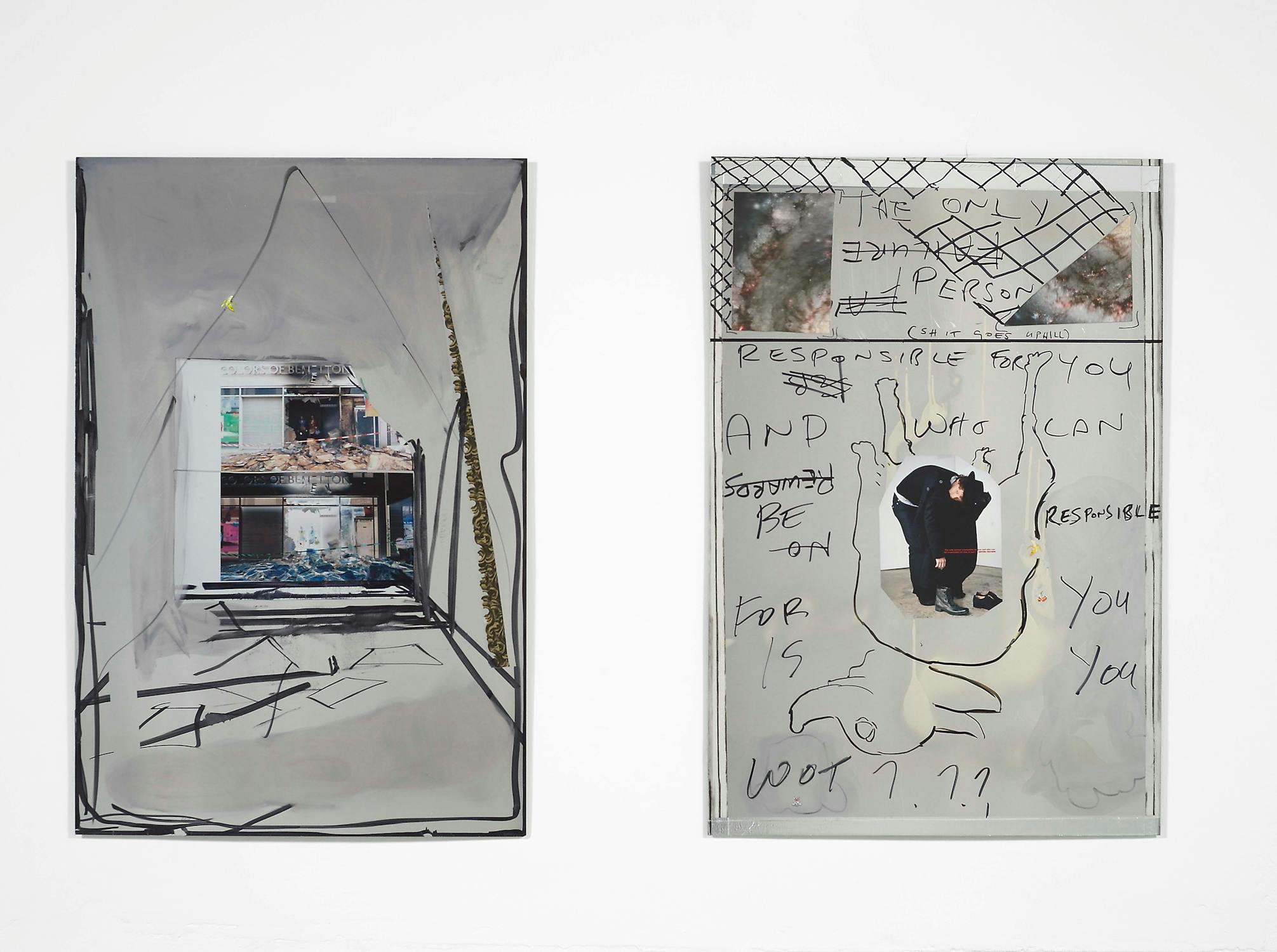 Aluminium tiles with collage, text and drawings on them, installed on to a white gallery wall