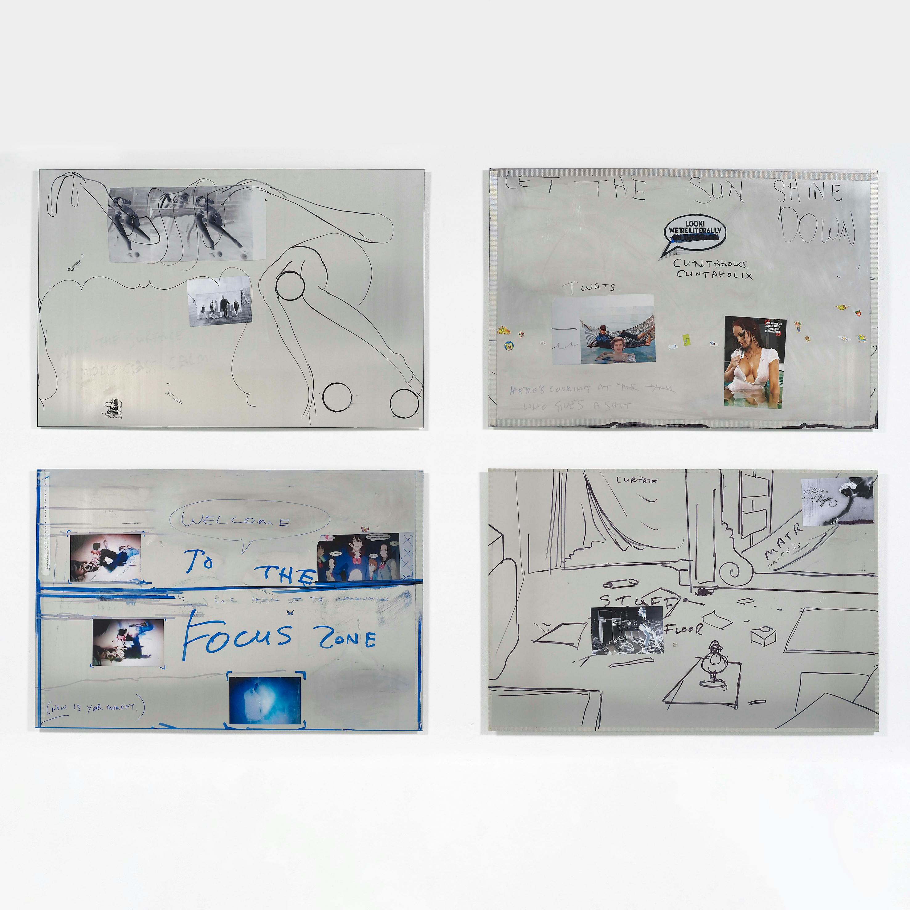 Aluminium tiles with collage, text and drawings on them, installed on to a white gallery wall