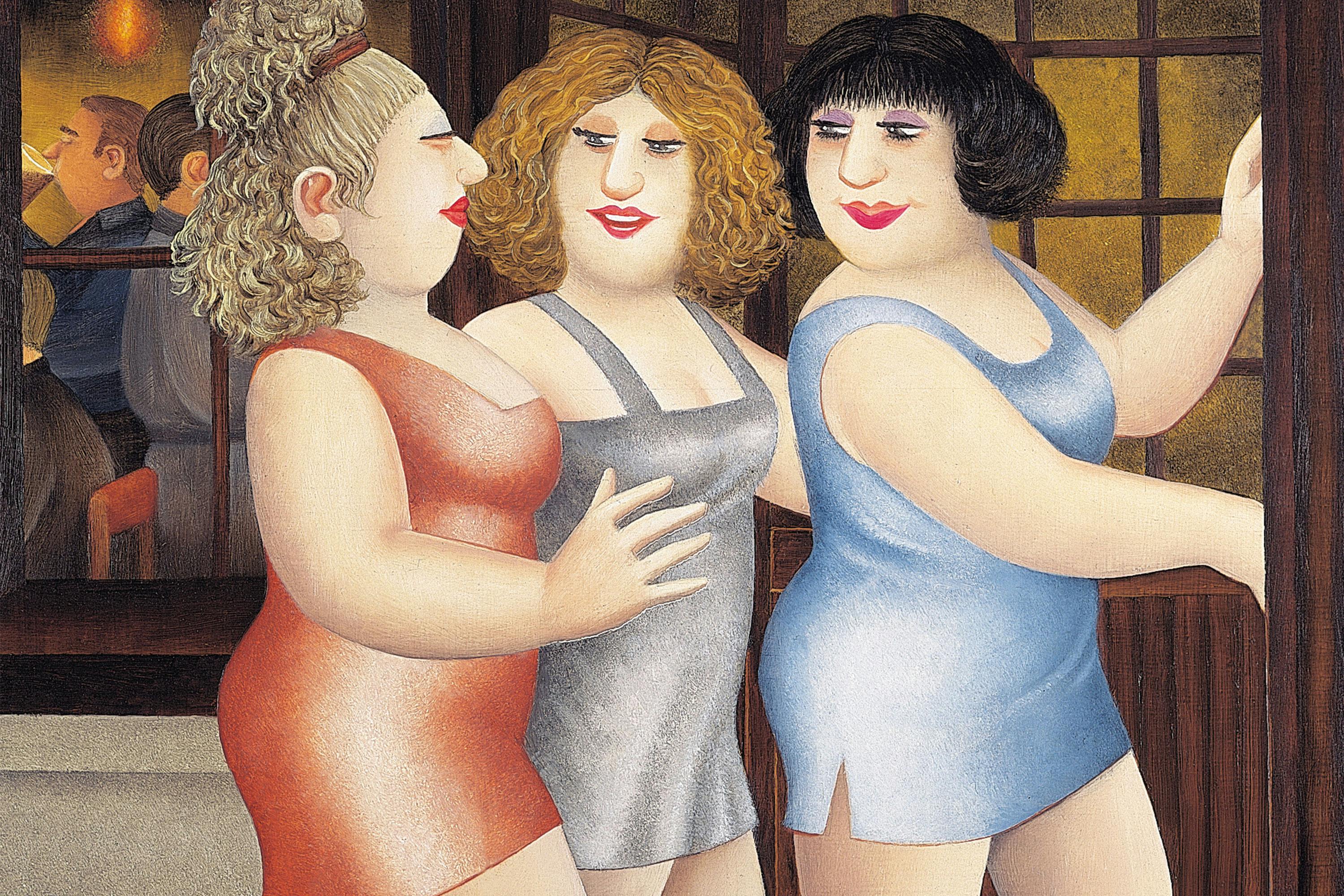 Image of Beryl Cook's painting 'Satin Dresses' picturing three women wearing coloured satin dresses 