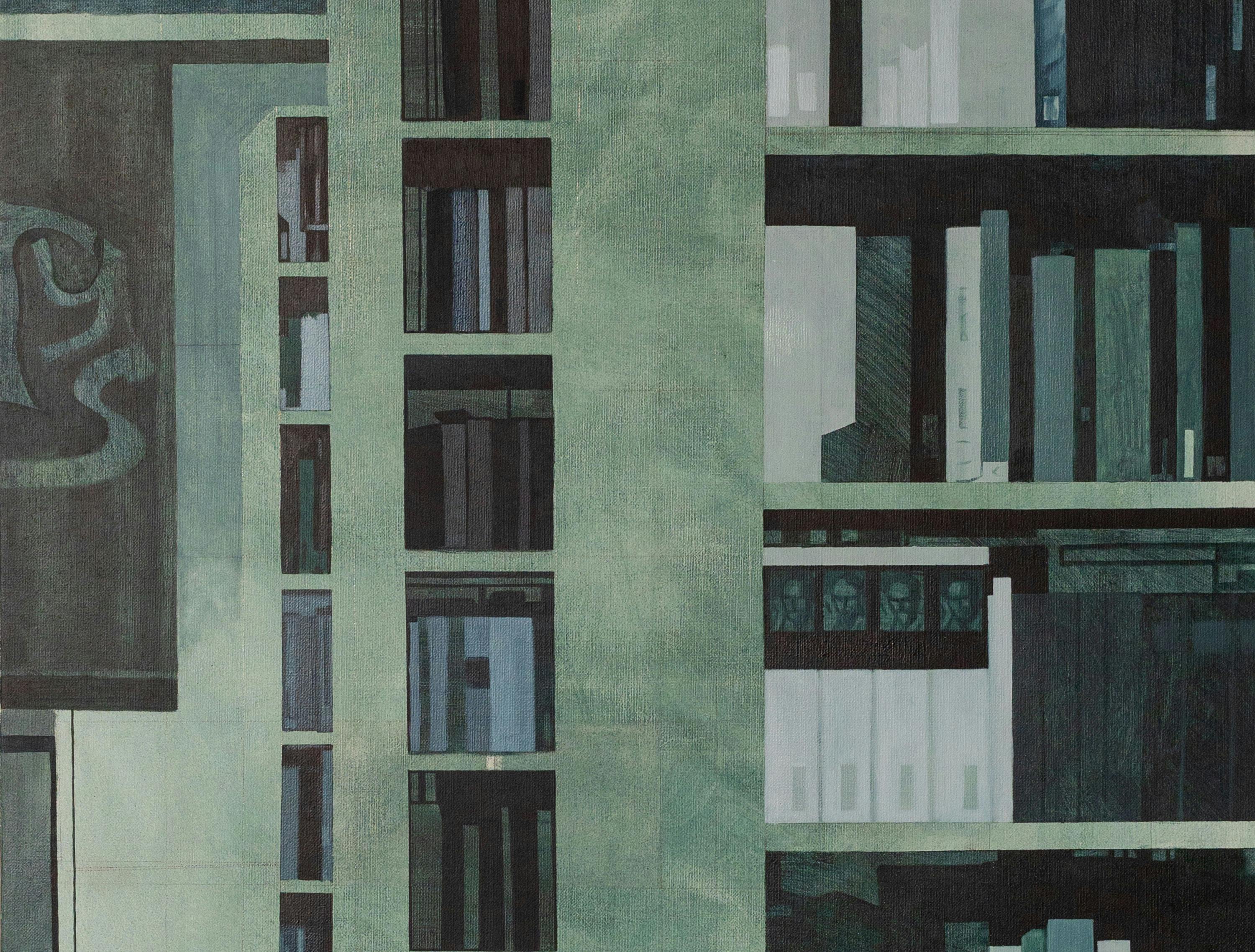 An artwork depicting shelves lined with files, books and other documents in green hues