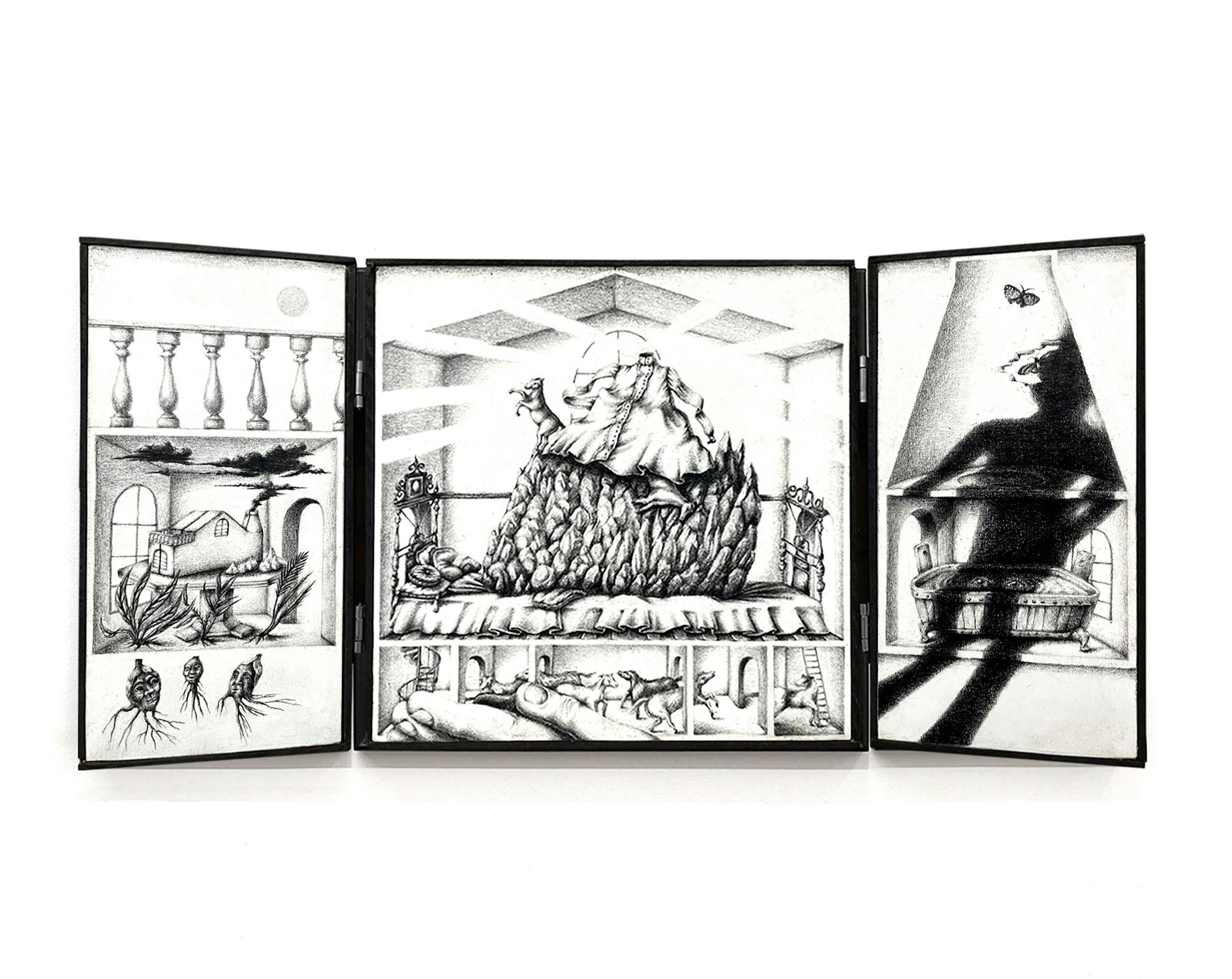 A detailed surrealist triptych drawing. The central panel depicts a man on a mountain of hands in a room, the left panel shows a house and trees, and the right panel includes a figure by a tall building and a floating bee. Black and white, intricate design.