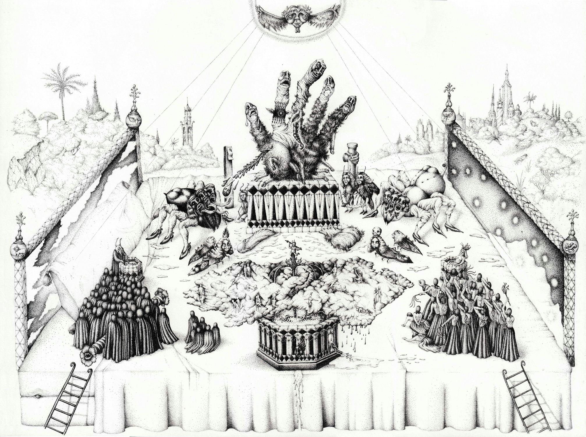 Intricate black and white sketch of a surreal scene with multiple hands forming a central structure. Surrounding are various fantastical and whimsical elements, including stairs, ladders, small figures, and distant sites, all set on a landscape resembling a stage.