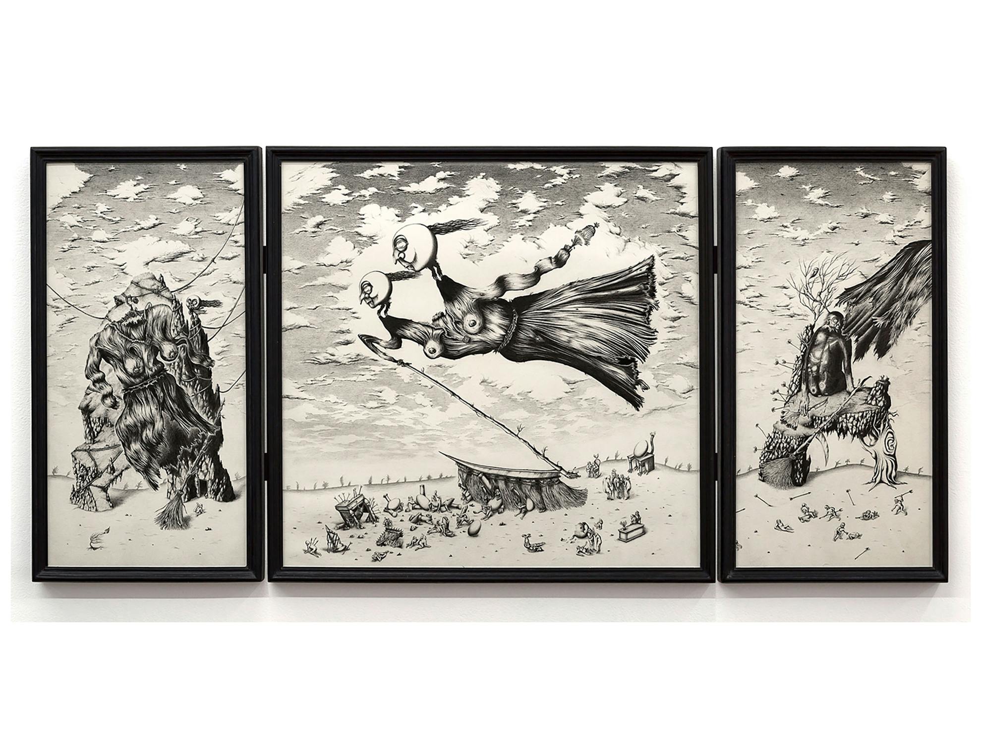 A surreal triptych artwork: The left panel shows a monstrous figure, the center panel depicts an abstract bird-like creature, and the right panel features a humanoid figure with wings seated on a structure. The background is a desolate landscape with scattered debris.