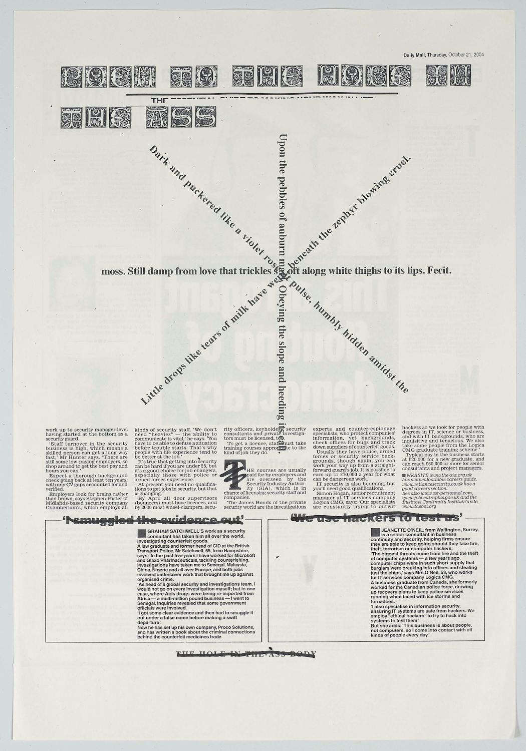 An artistic design featuring text arranged in a circular pattern, with each line radiating from the center like spokes on a wheel. The background has faint text, possibly a newspaper or article print, adding texture and depth to the layout.