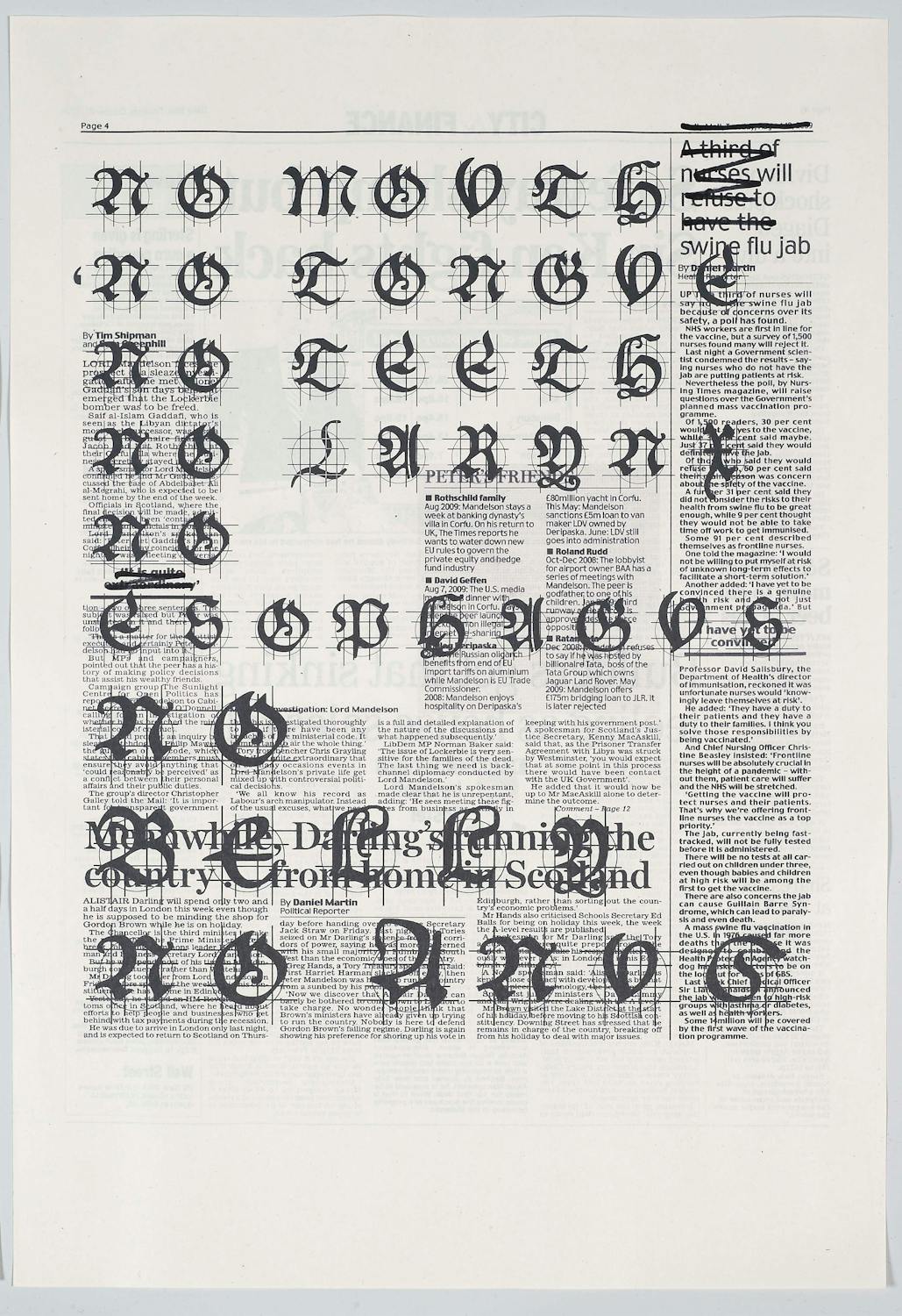 A newspaper page marked with large, ornate Gothic script letters over the printed text. The black script letters are neatly arranged in rows and columns, obscuring most of the newspaper content beneath them. The background page features typical columned news print.