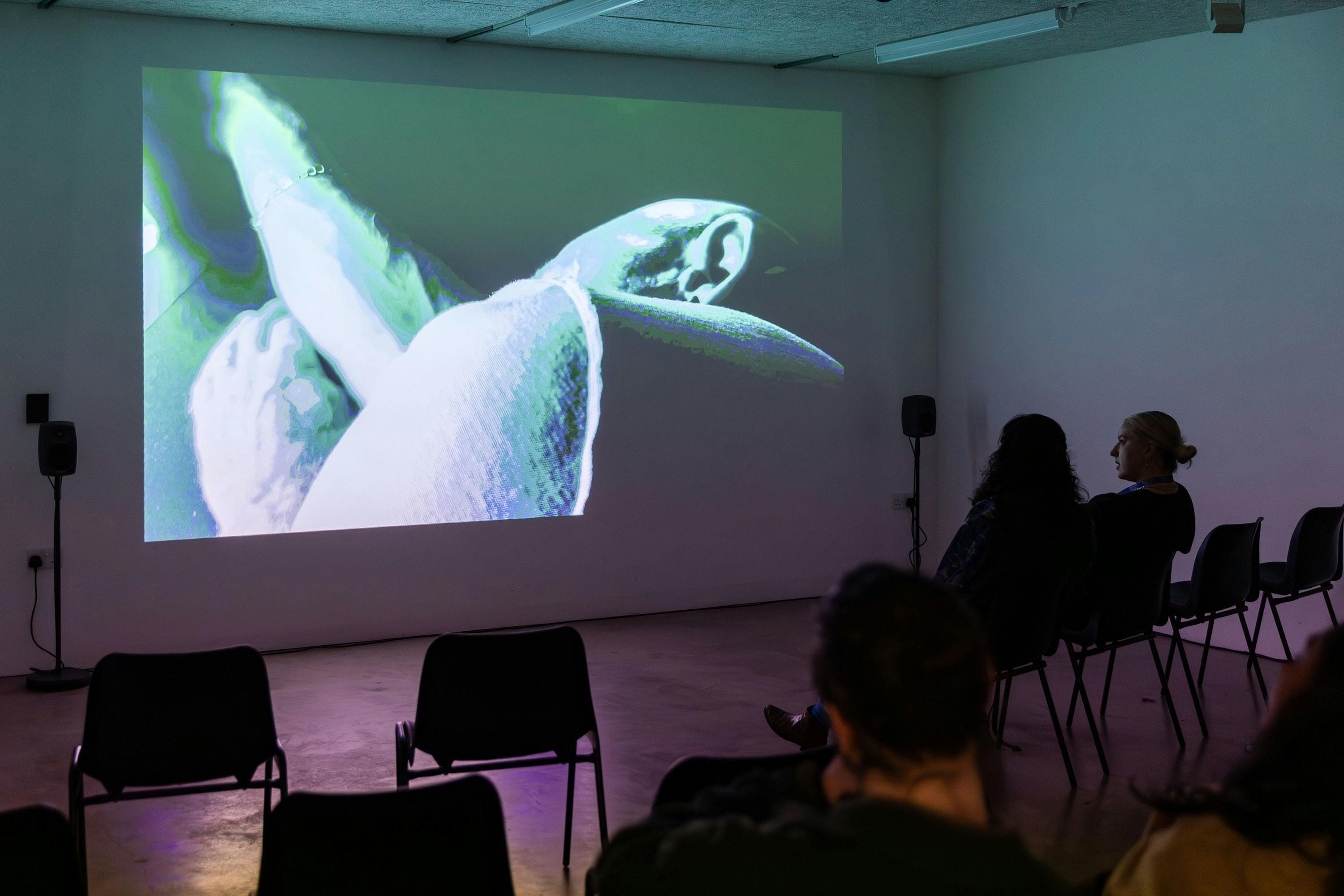 A small group of people sits in a dimly lit room, watching an abstract, colourful projection on a large screen. The room has several black chairs arranged in rows, and the presentation appears to be in an art gallery or exhibition space.